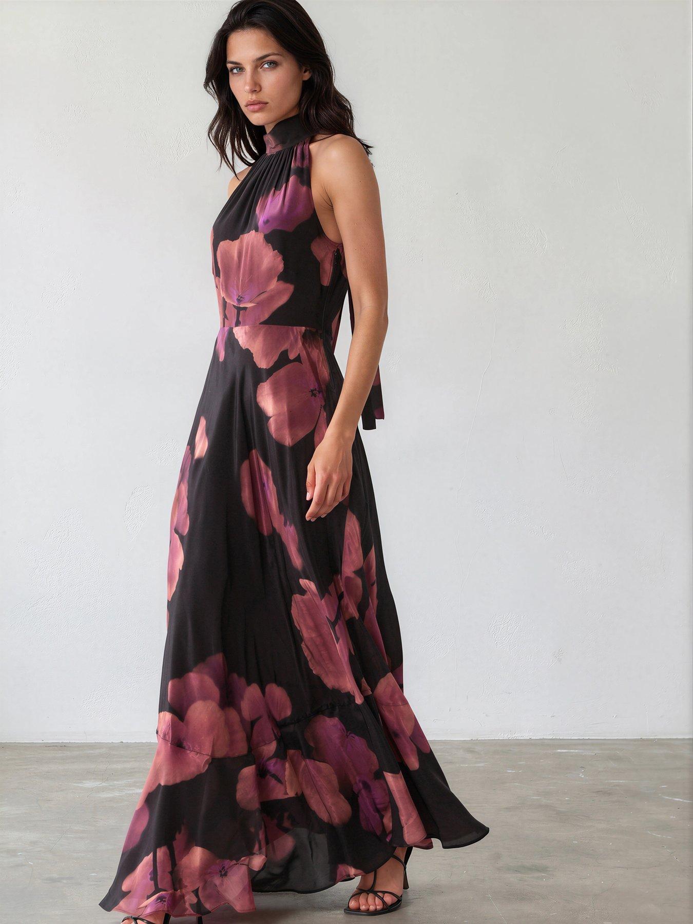 Image 4 of 7 of Religion Valeria Maxi Halterneck Dress In Floral Fire Print In Pinks - Pink
