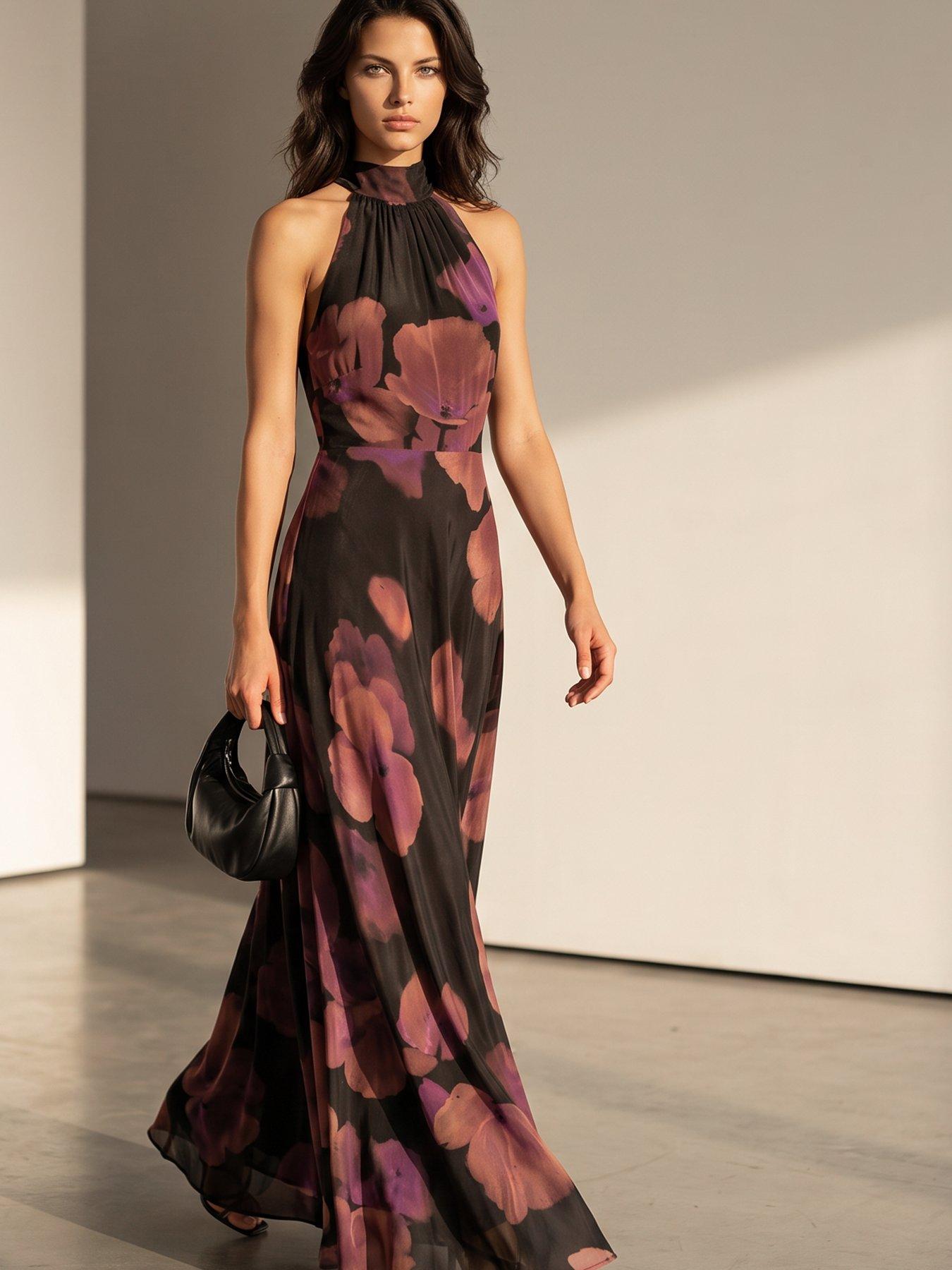 Image 5 of 7 of Religion Valeria Maxi Halterneck Dress In Floral Fire Print In Pinks - Pink