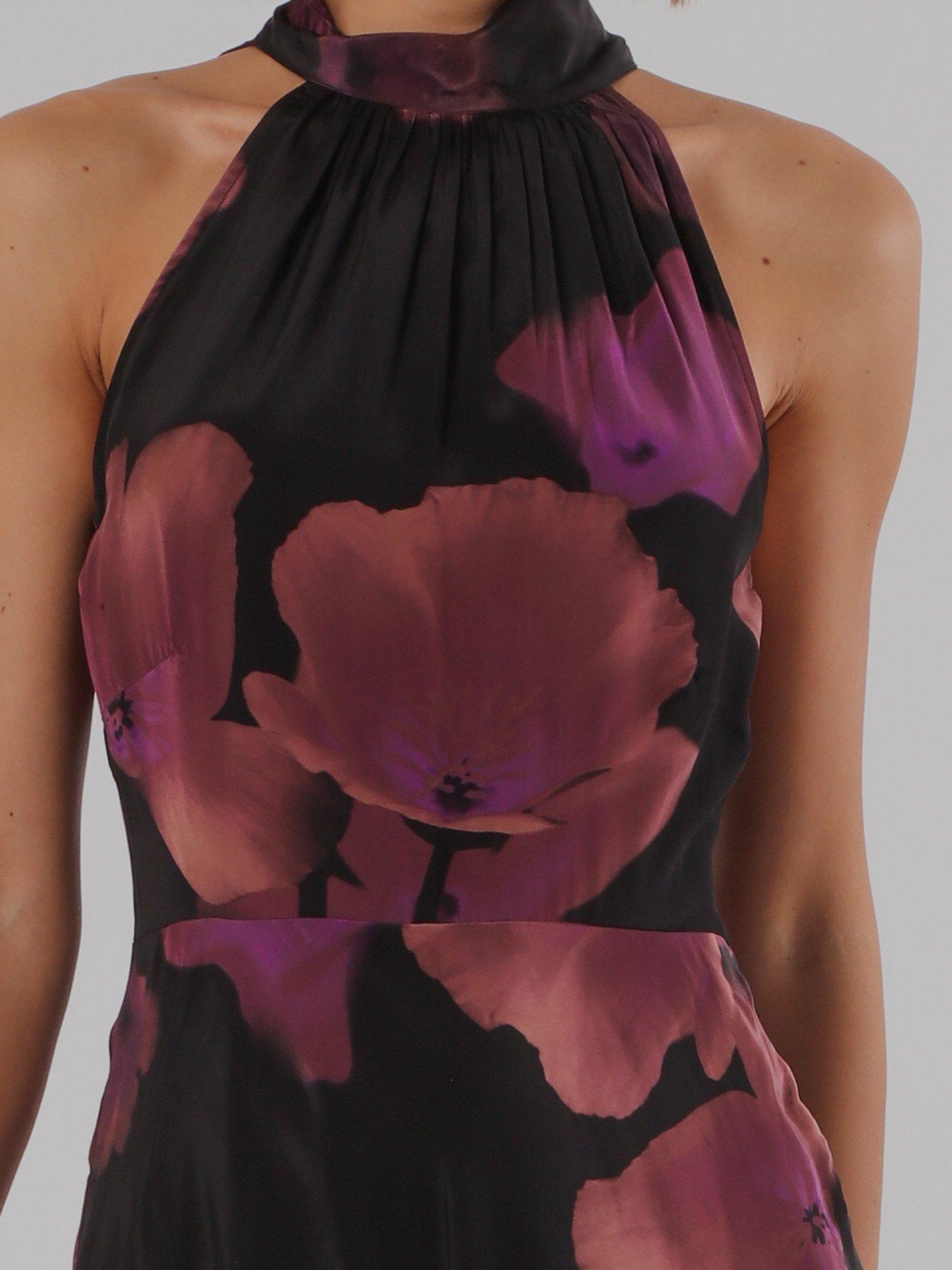 Image 6 of 7 of Religion Valeria Maxi Halterneck Dress In Floral Fire Print In Pinks - Pink