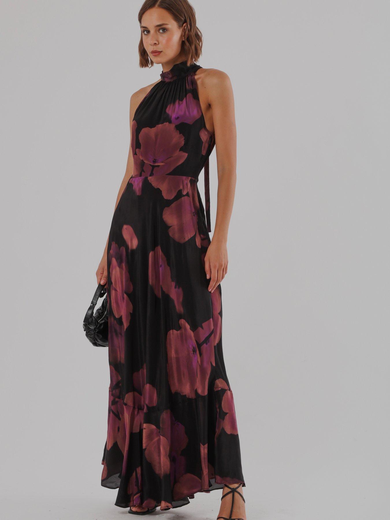 Image 7 of 7 of Religion Valeria Maxi Halterneck Dress In Floral Fire Print In Pinks - Pink