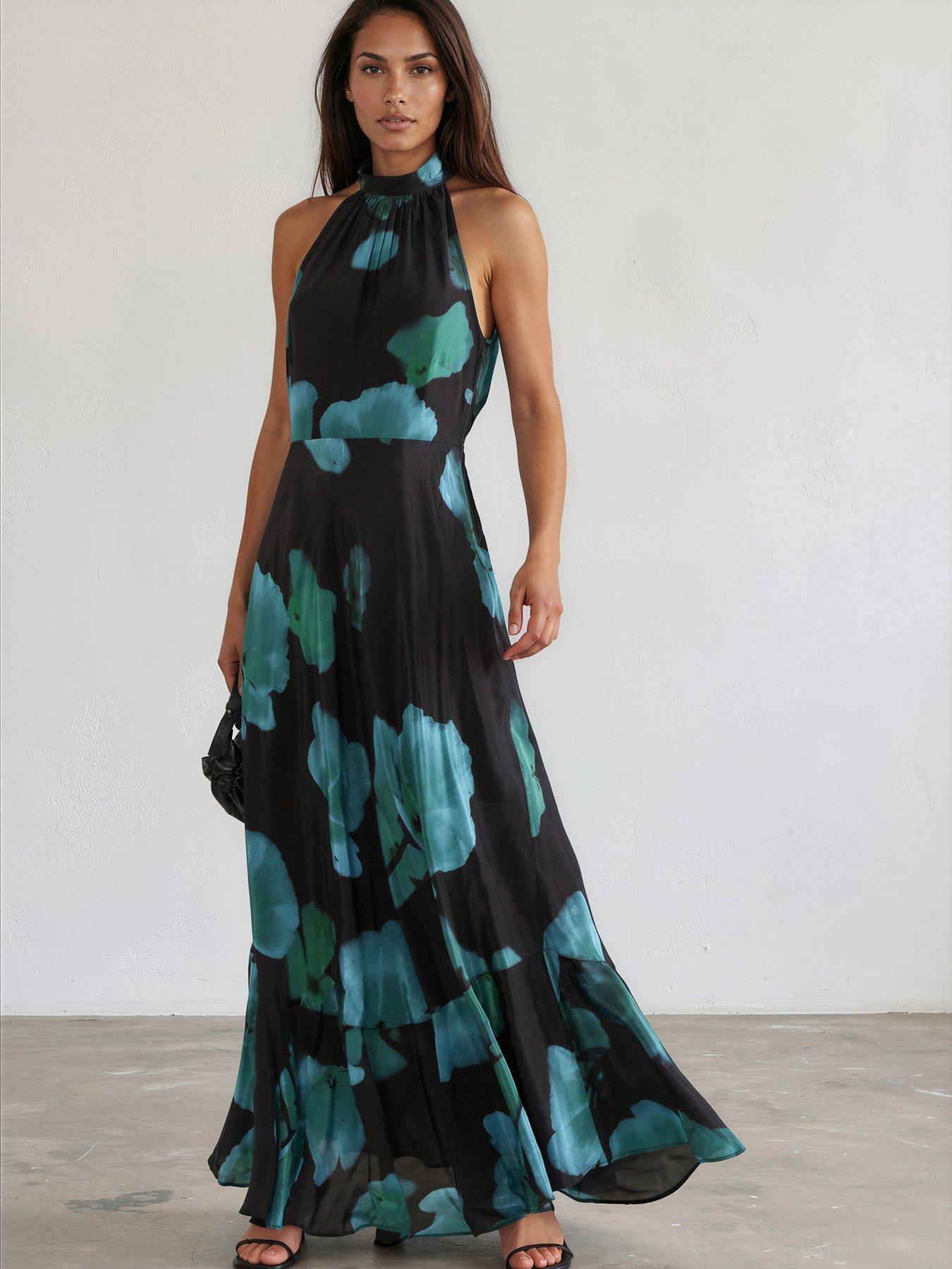 Religion Valeria Maxi Halterneck Dress In Floral Fire Print In Blue And Green