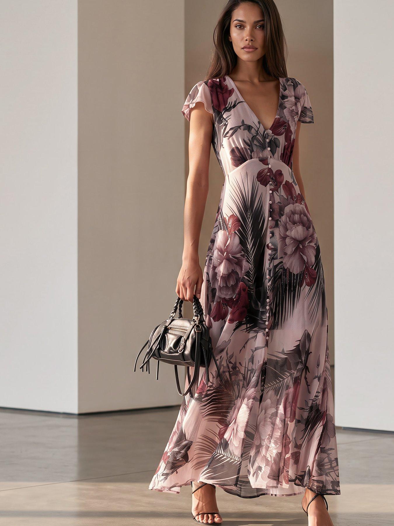 Image 1 of 7 of Religion Indium Maxi Dress With Cap Sleeves And Button Design Feature In Floral Camellia Print - Pink