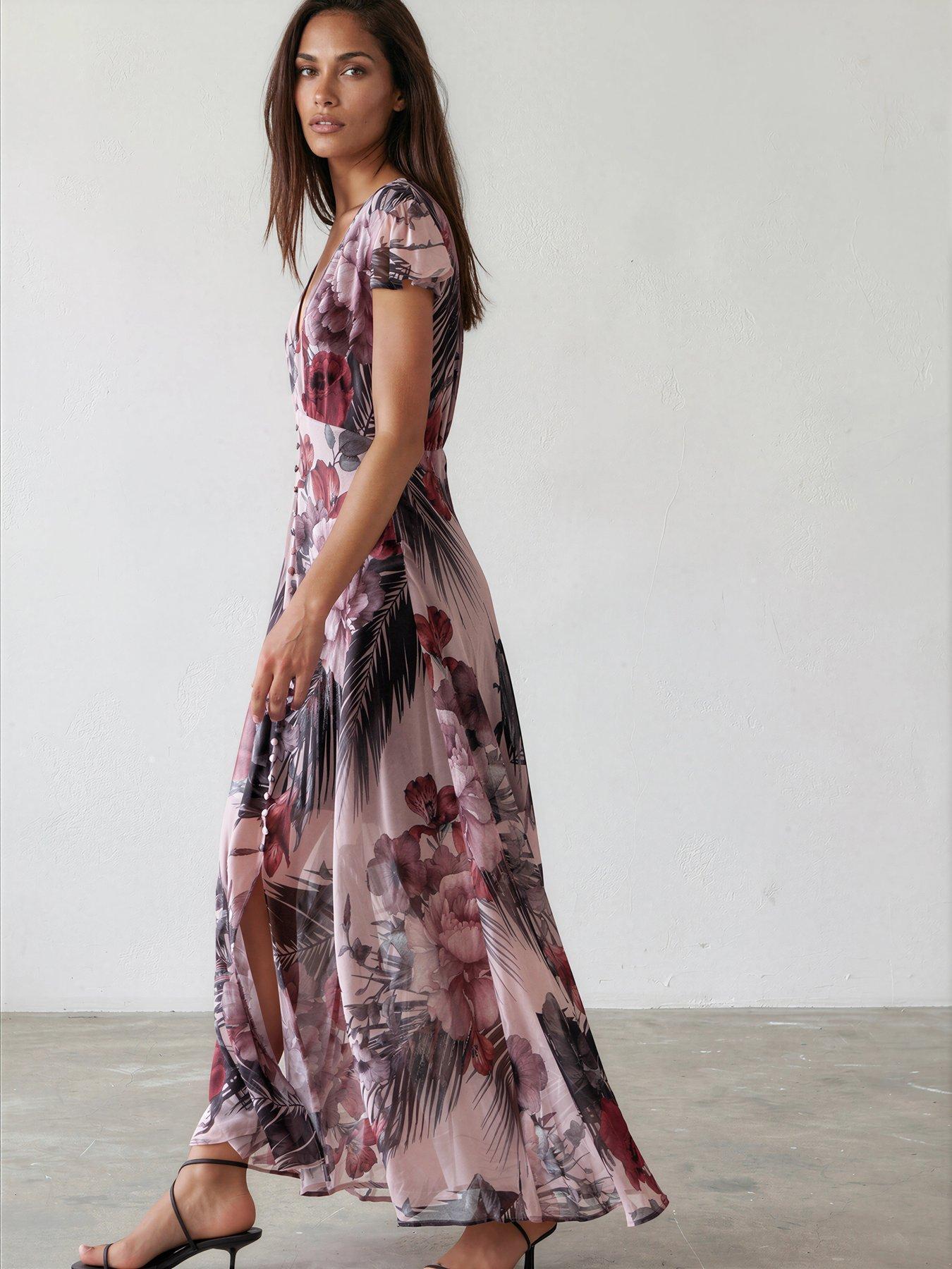 Image 2 of 7 of Religion Indium Maxi Dress With Cap Sleeves And Button Design Feature In Floral Camellia Print - Pink