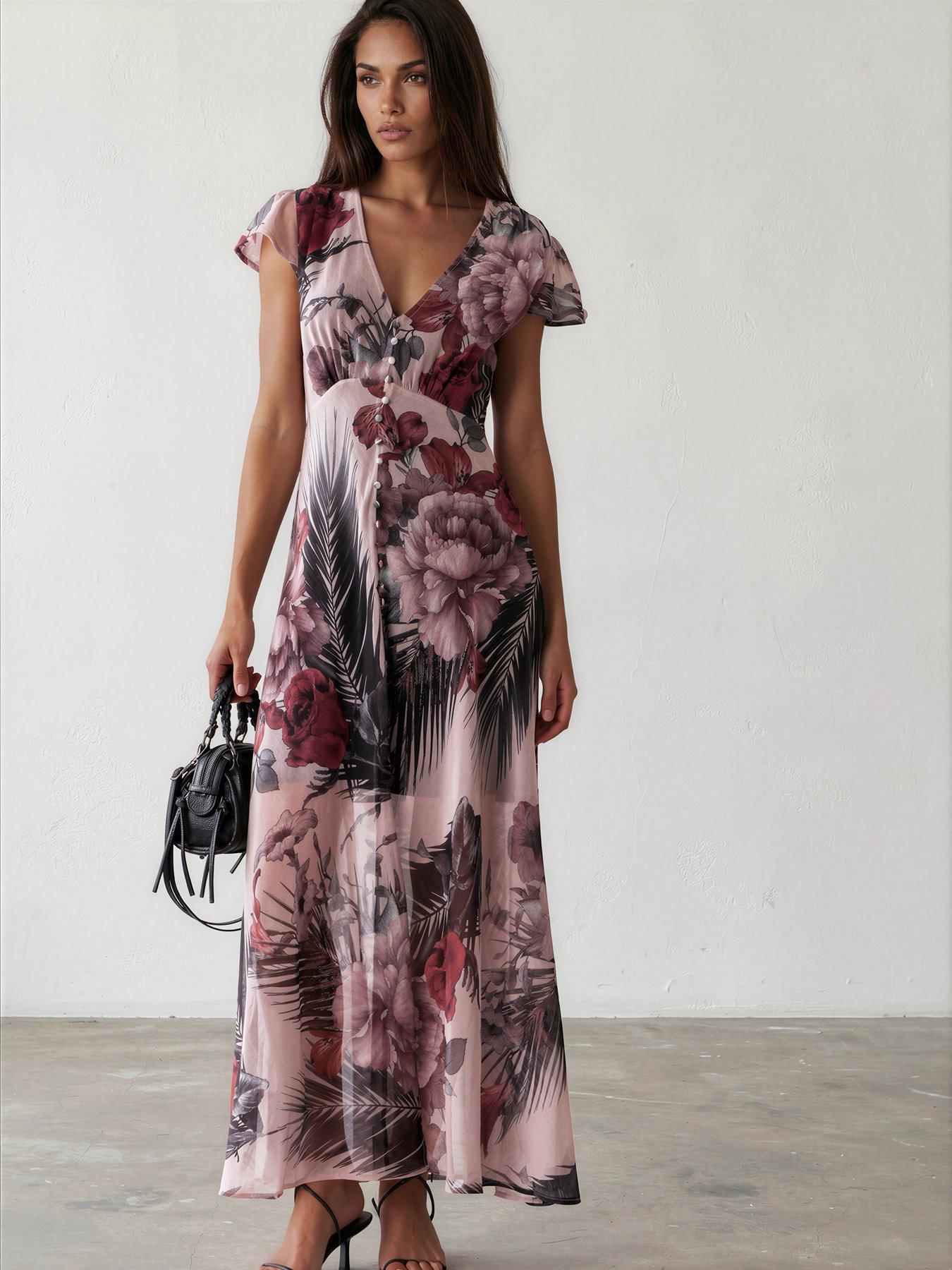 Image 3 of 7 of Religion Indium Maxi Dress With Cap Sleeves And Button Design Feature In Floral Camellia Print - Pink