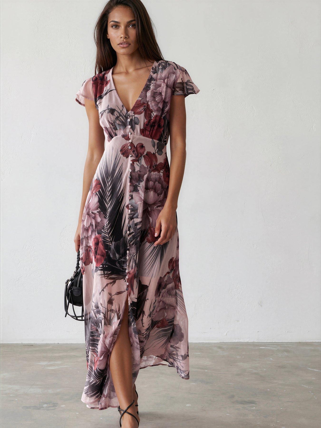 Image 4 of 7 of Religion Indium Maxi Dress With Cap Sleeves And Button Design Feature In Floral Camellia Print - Pink