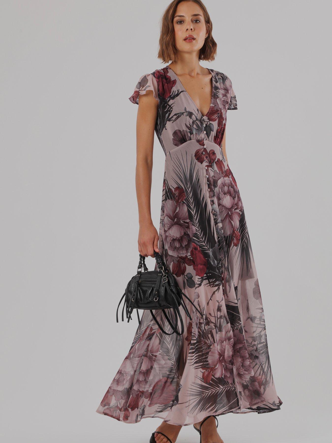 Image 7 of 7 of Religion Indium Maxi Dress With Cap Sleeves And Button Design Feature In Floral Camellia Print - Pink