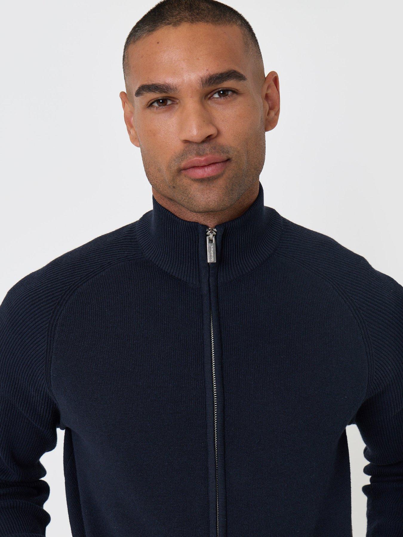 Image 4 of 6 of Threadbare Cotton Rich Funnel Neck Zip Through Sweatshirt In Navy