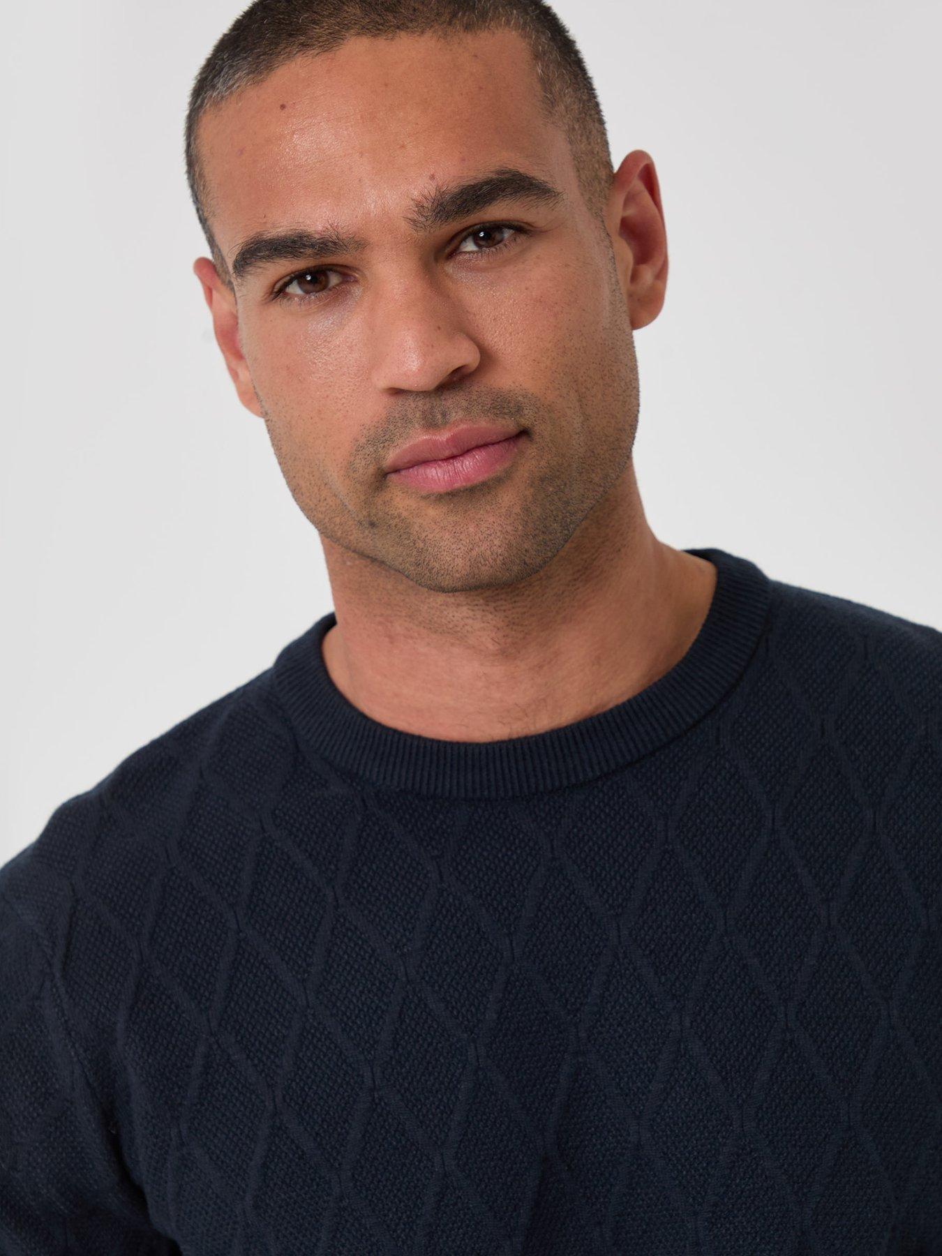 Image 4 of 4 of Threadbare Mens Diamond-Textured Crew Neck Jumper - Navy