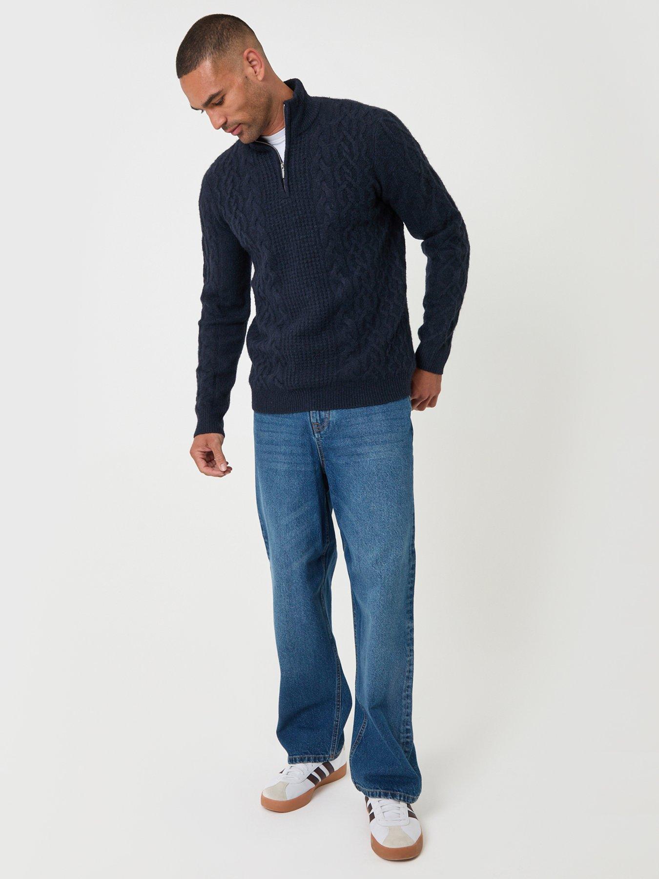 Image 3 of 5 of Threadbare Mens Quarter Zip Cable Knit Jumper - Navy