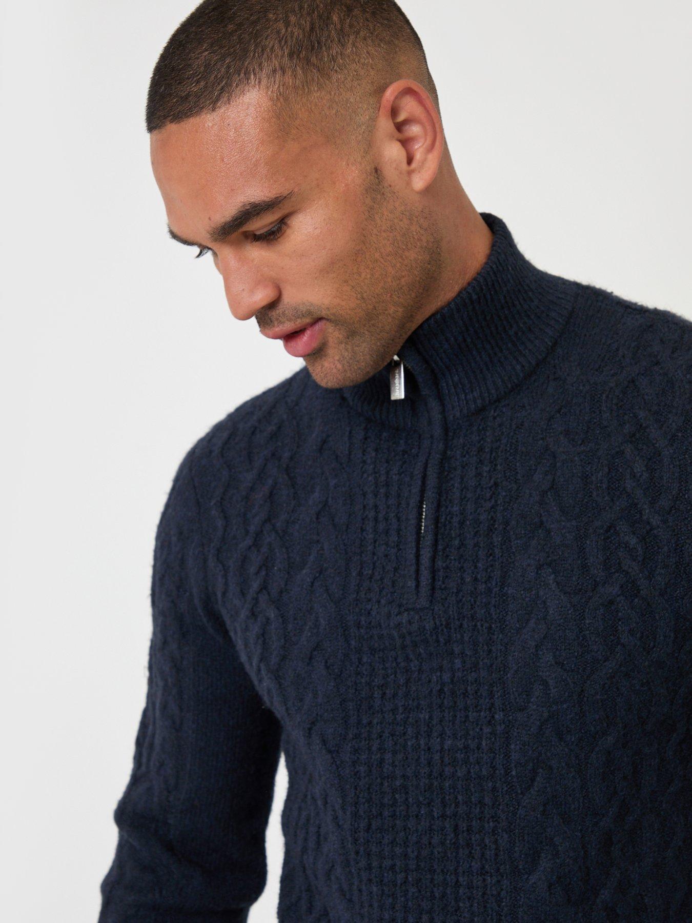 Image 4 of 5 of Threadbare Mens Quarter Zip Cable Knit Jumper - Navy