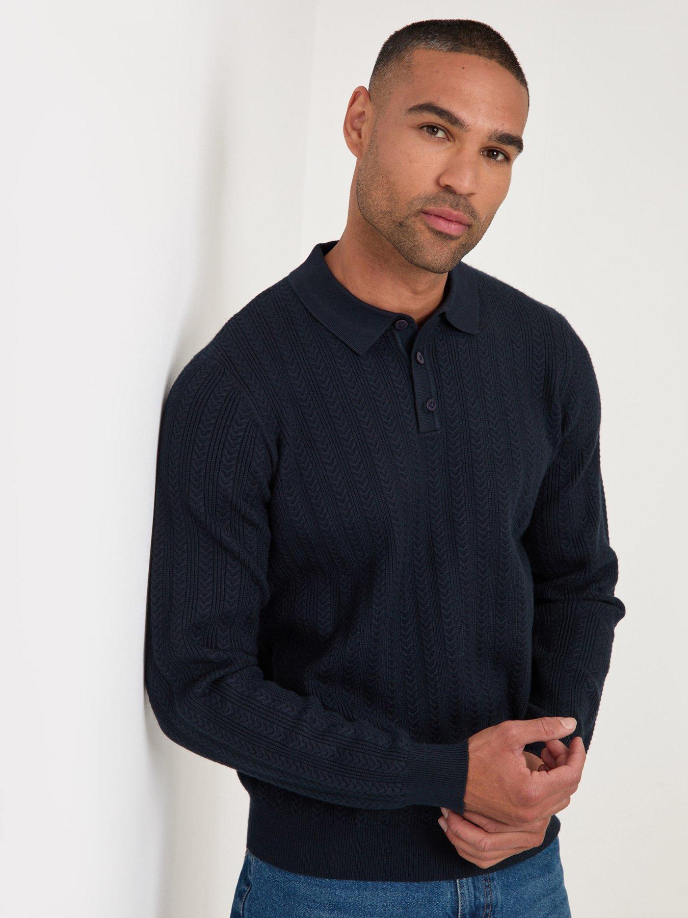 Image 1 of 6 of Threadbare Textured Cable Knit Polo Jumper In Navy