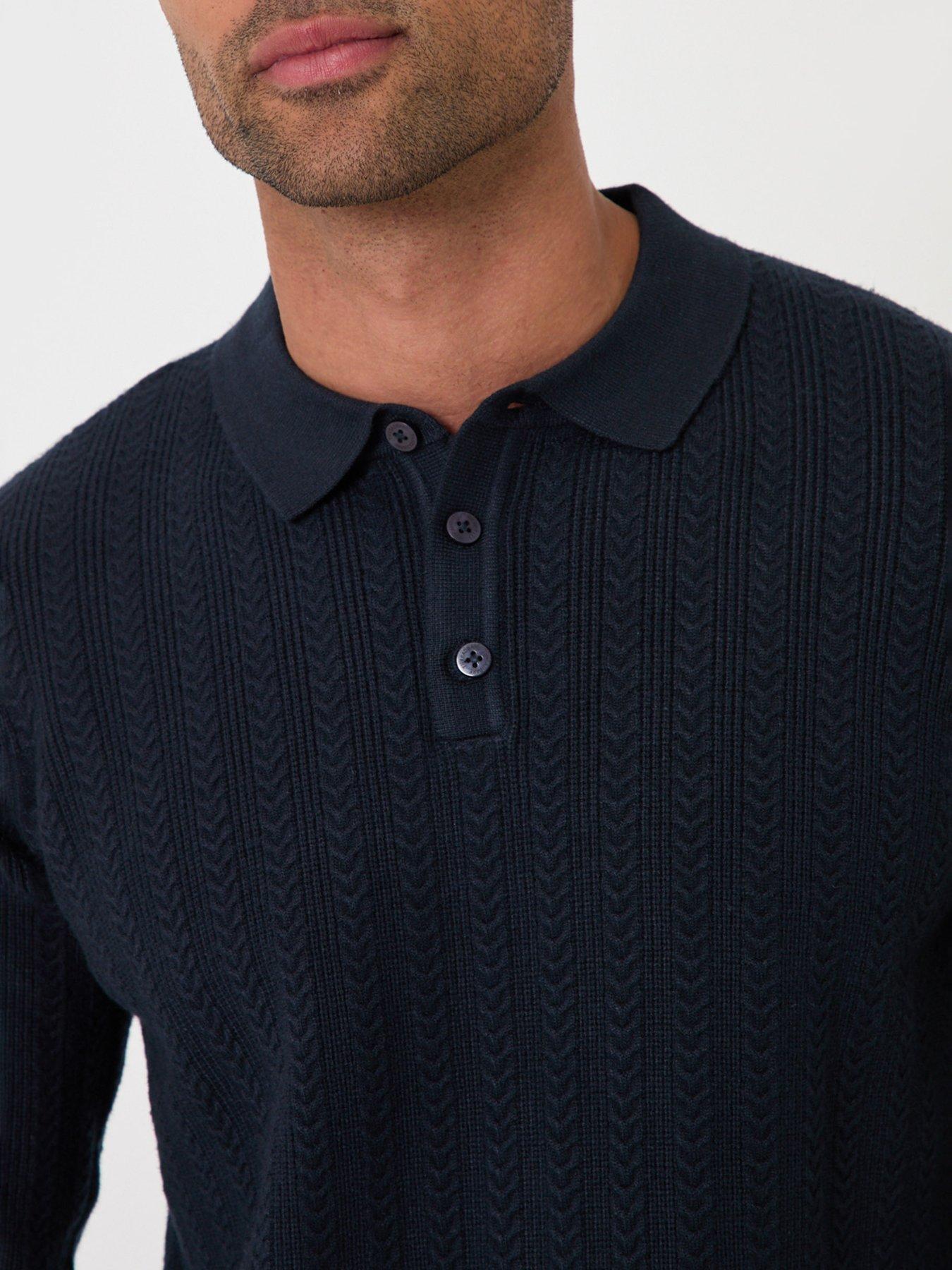 Image 4 of 6 of Threadbare Textured Cable Knit Polo Jumper In Navy