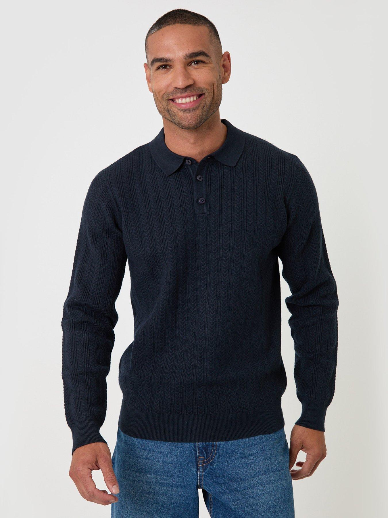 Image 5 of 6 of Threadbare Textured Cable Knit Polo Jumper In Navy