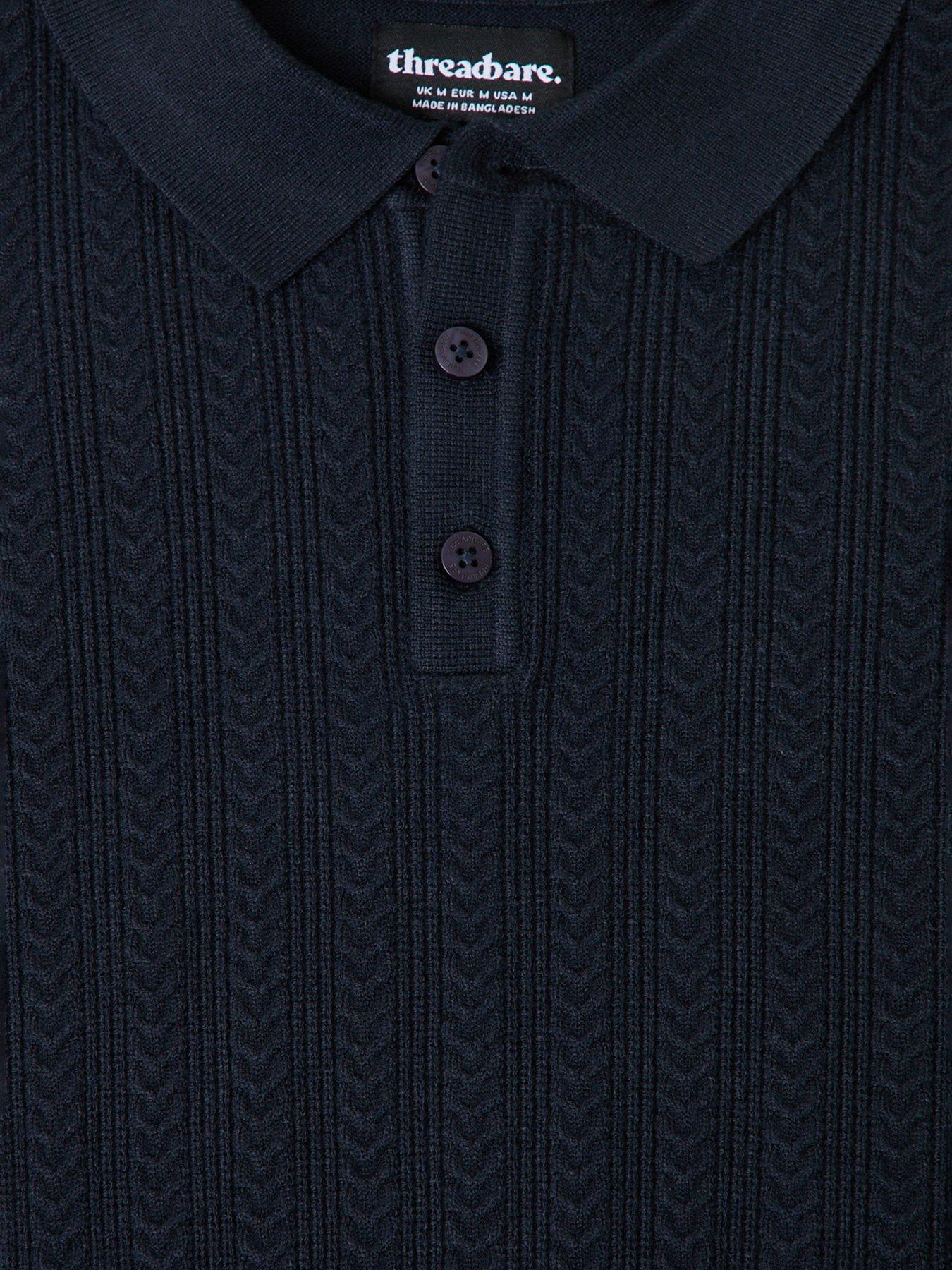 Image 6 of 6 of Threadbare Textured Cable Knit Polo Jumper In Navy