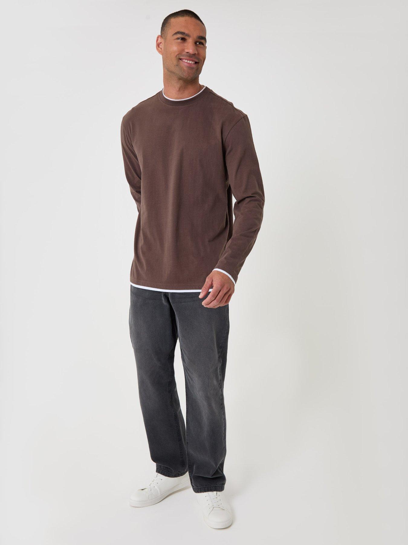 Image 3 of 4 of Threadbare Relaxed Fit Mock Layer Long Sleeve T-shirt In Brown