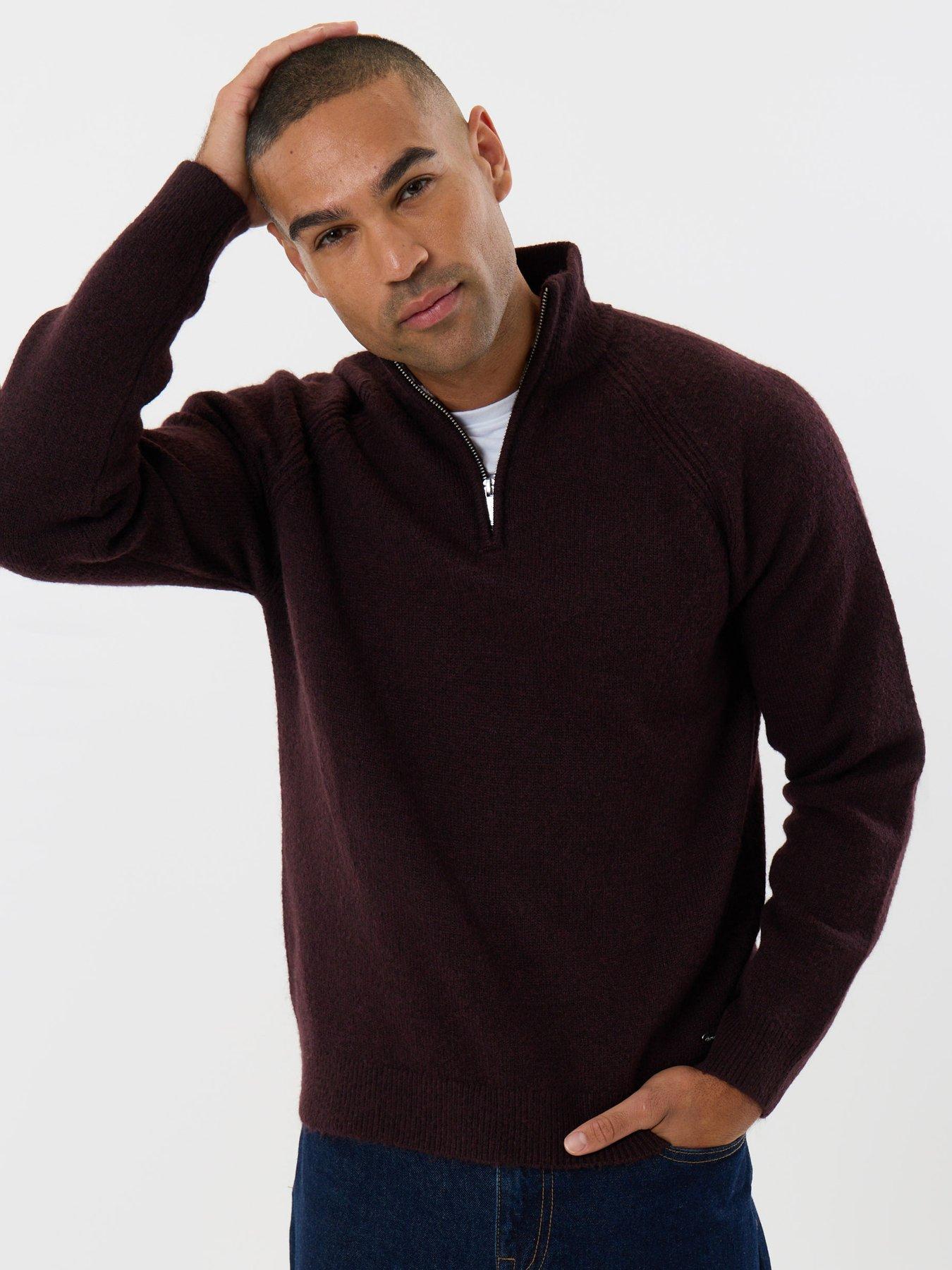 Image 1 of 4 of Threadbare Mens Raglan Rib Quarter Zip Knitted Jumper - Burgundy