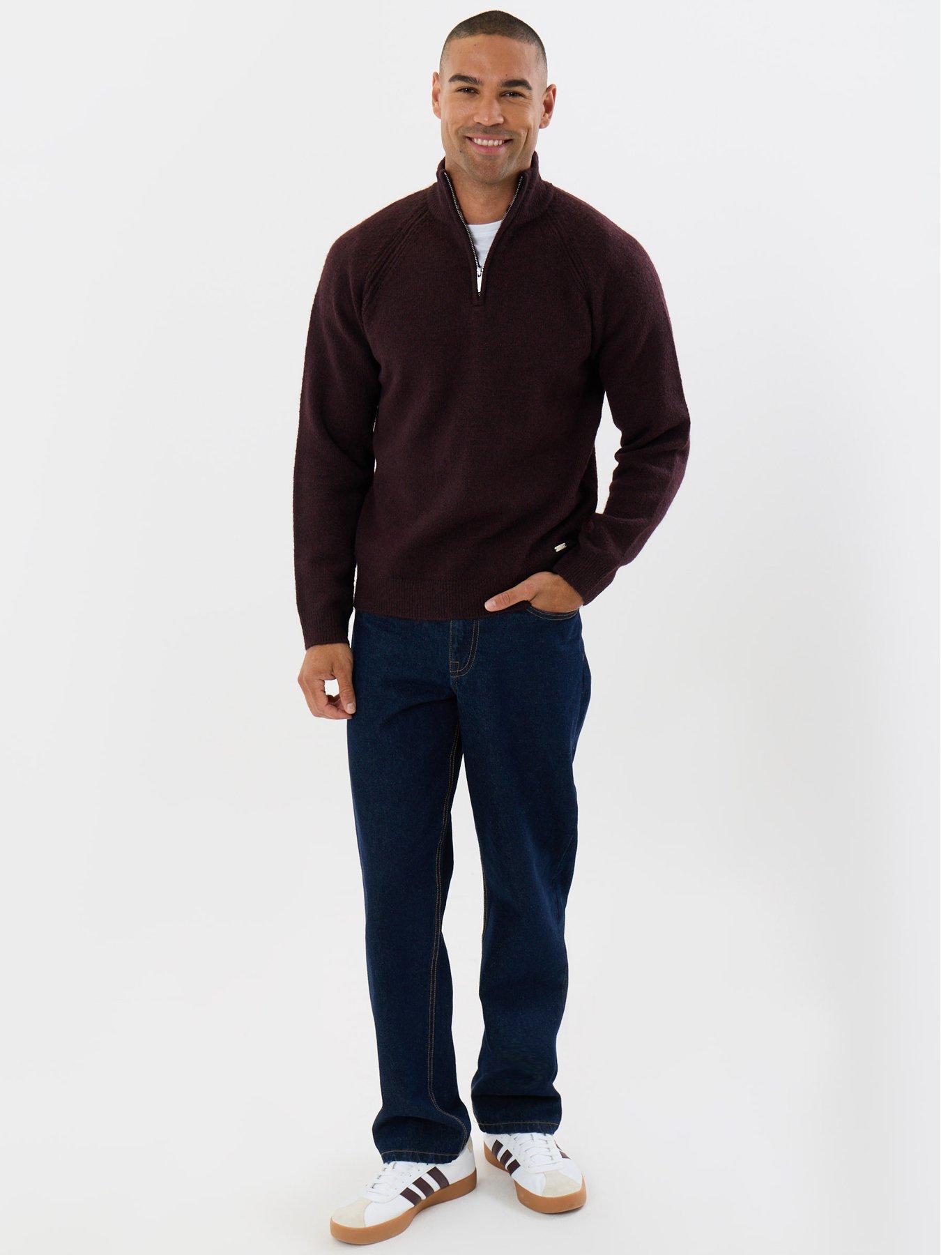 Image 3 of 4 of Threadbare Mens Raglan Rib Quarter Zip Knitted Jumper - Burgundy