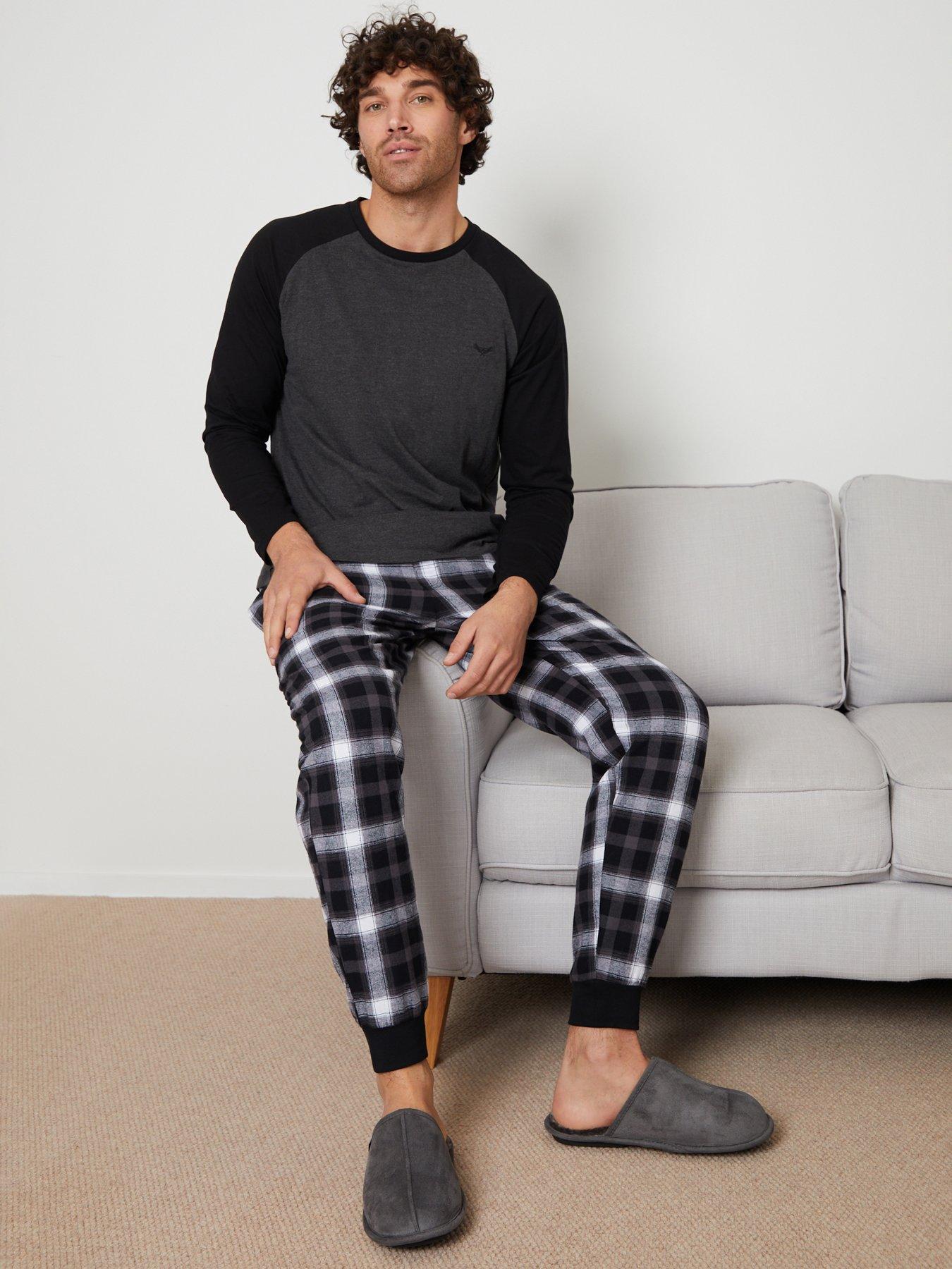 Image 1 of 4 of Threadbare Long Sleeve Raglan Top & Cuffed Bottoms Lounge Set In Black Check