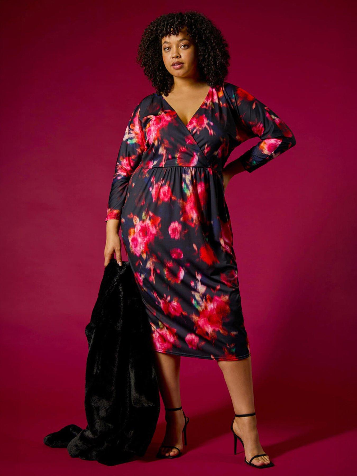 Roman Curve Floral Print Mesh Midi Dress