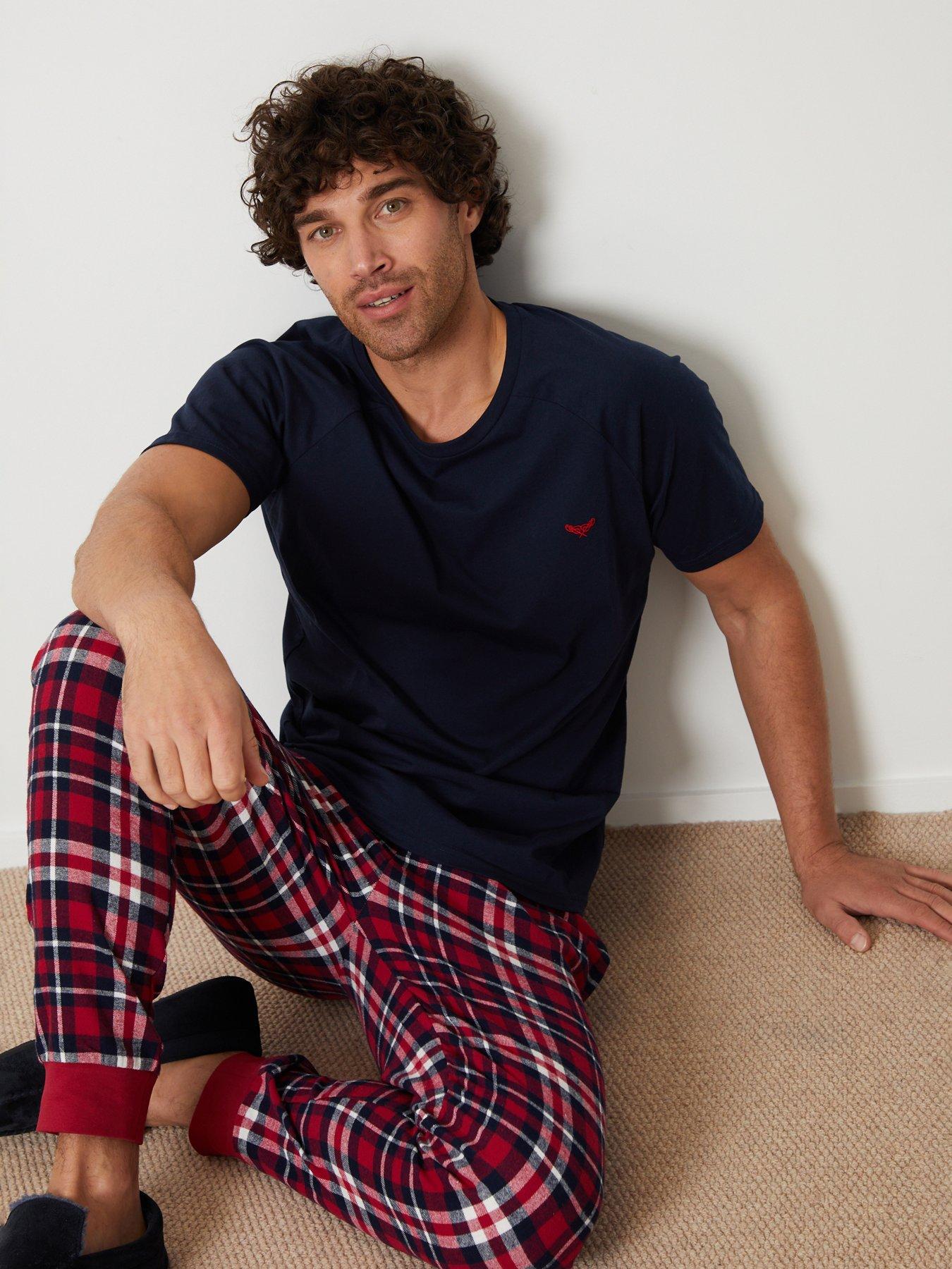 Image 1 of 5 of Threadbare Mens Jersey T-Shirt Checked Cuffed Pyjama Set - Navy