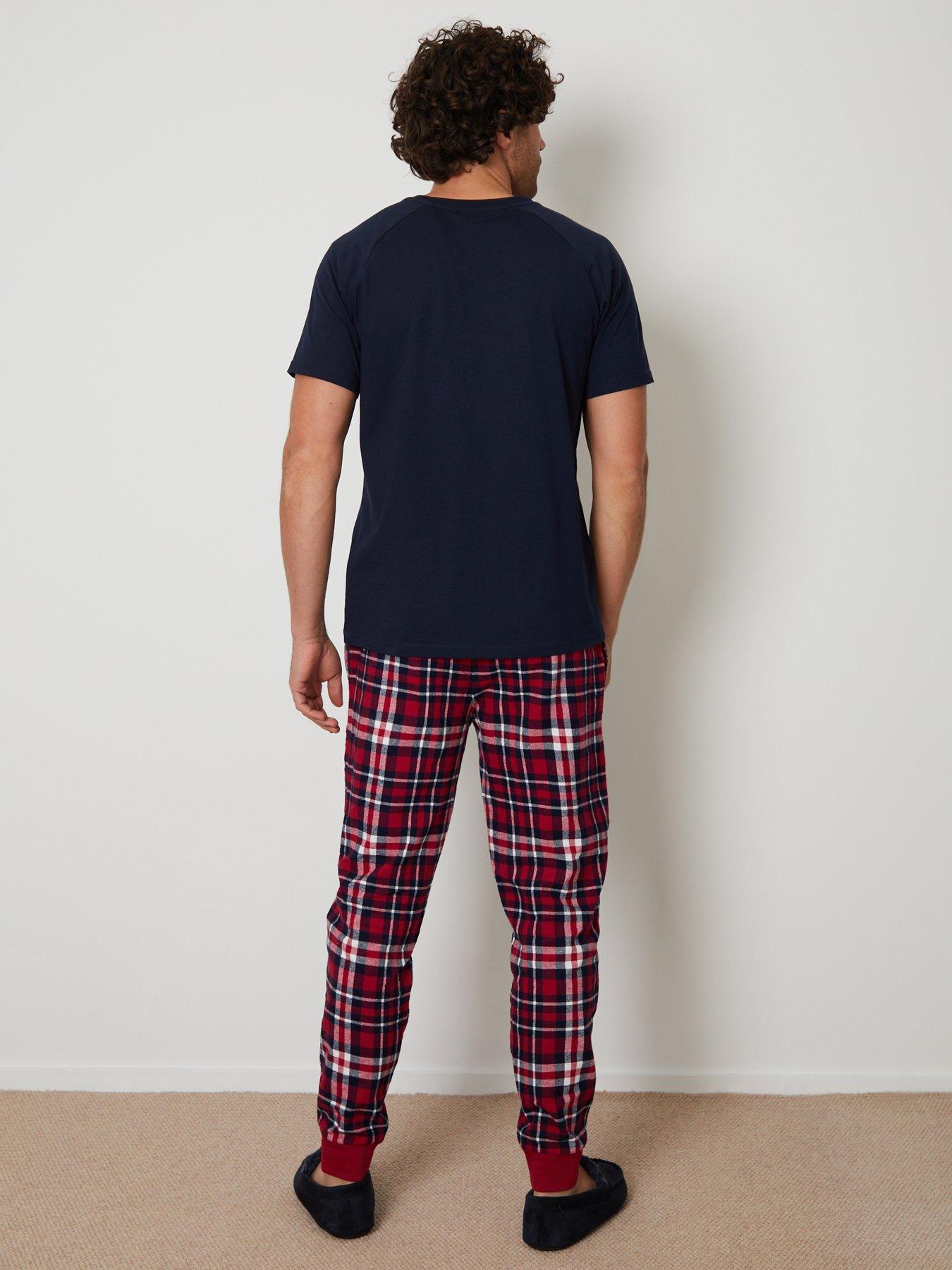 Image 2 of 5 of Threadbare Mens Jersey T-Shirt Checked Cuffed Pyjama Set - Navy
