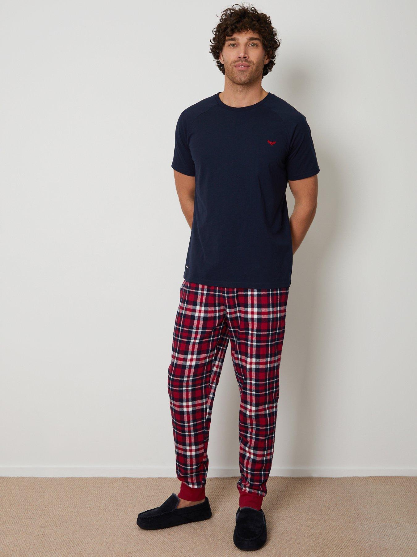 Image 3 of 5 of Threadbare Mens Jersey T-Shirt Checked Cuffed Pyjama Set - Navy