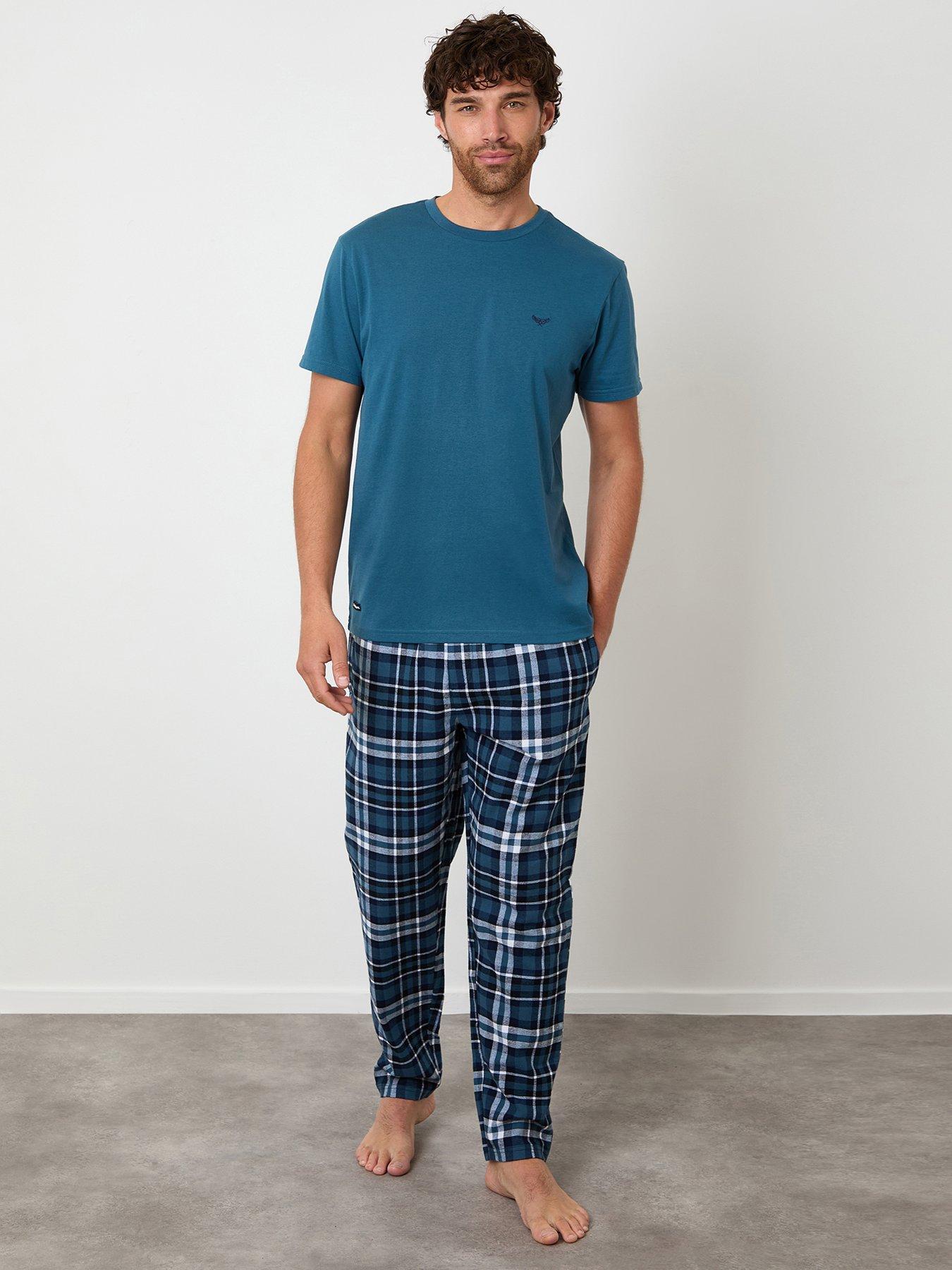 Image 1 of 4 of Threadbare Mens Checked Flannel Drawcord Pyjama Set - Blue