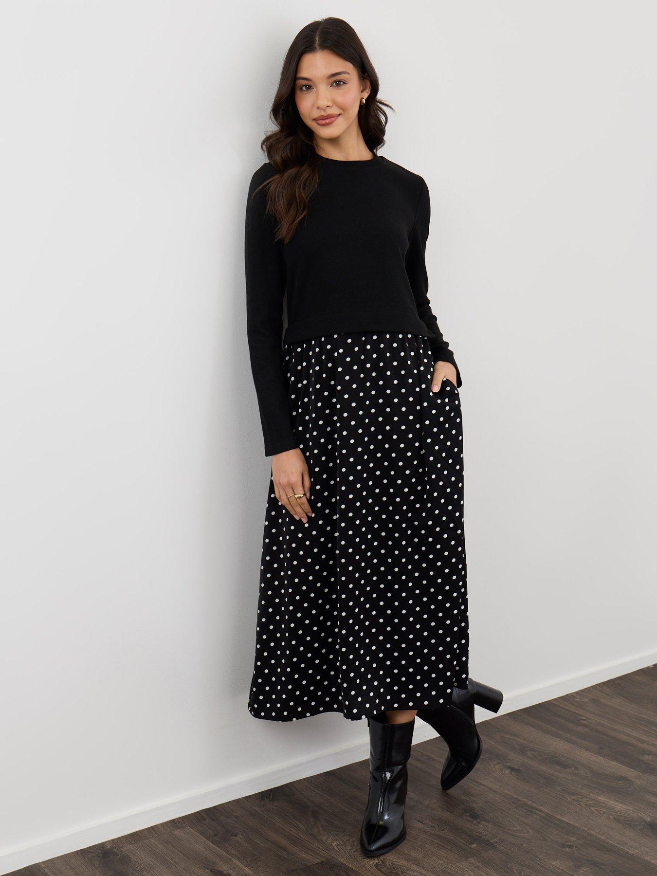 Image 1 of 4 of Threadbare 2 In 1 Long Sleeve Maxi Dress In Black Polka Dot