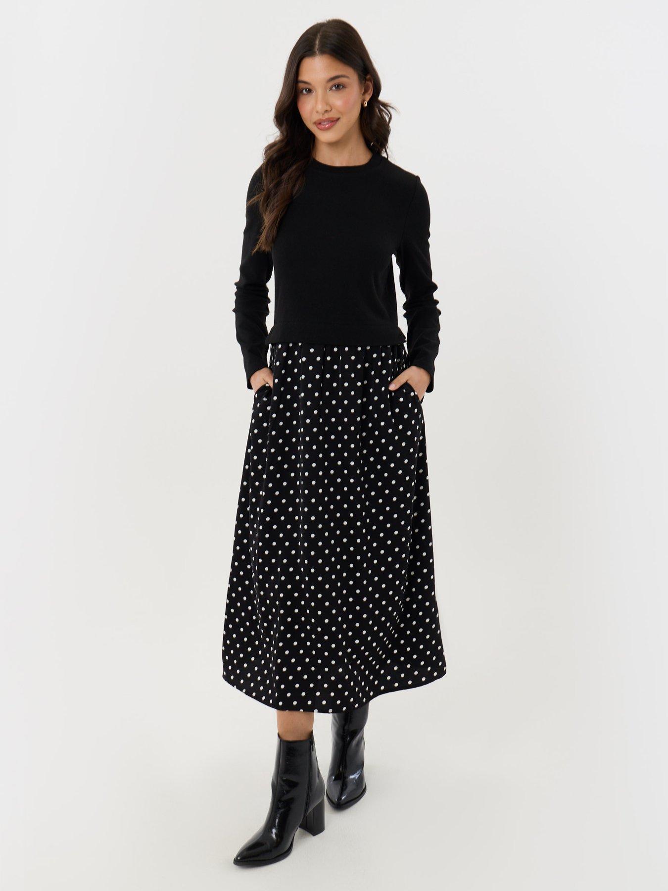 Image 3 of 4 of Threadbare 2 In 1 Long Sleeve Maxi Dress In Black Polka Dot