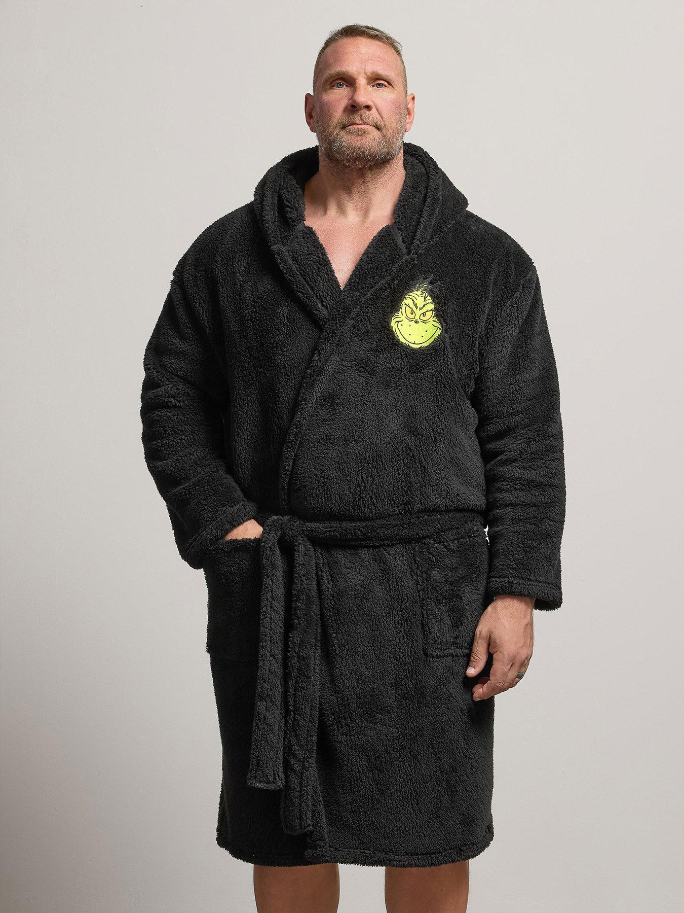 Image 1 of 4 of BadRhino Mens Hooded Fleece Tie Waist Dressing Gown With Christmas Grinch Graphic - Black