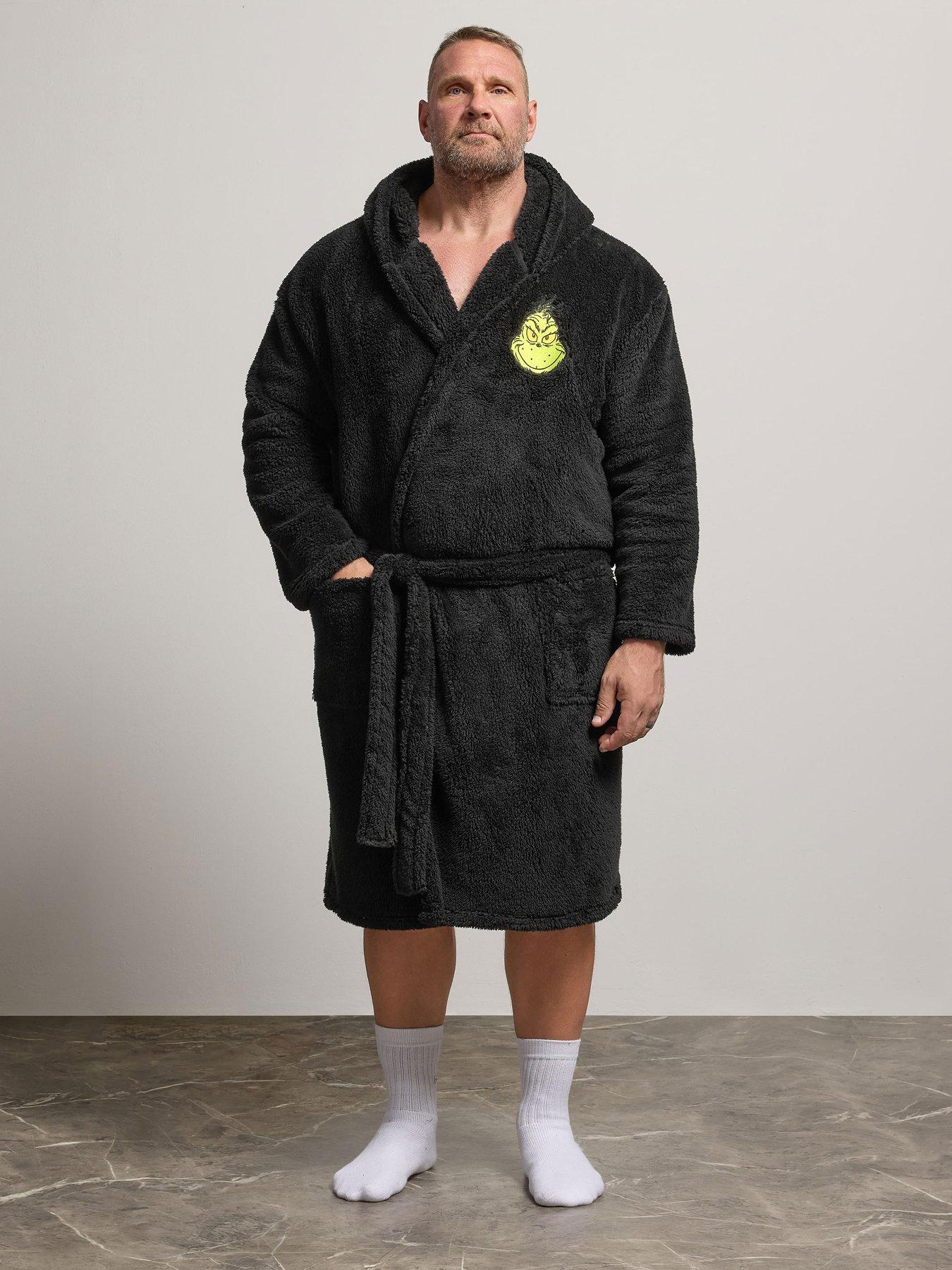 Image 3 of 4 of BadRhino Mens Hooded Fleece Tie Waist Dressing Gown With Christmas Grinch Graphic - Black