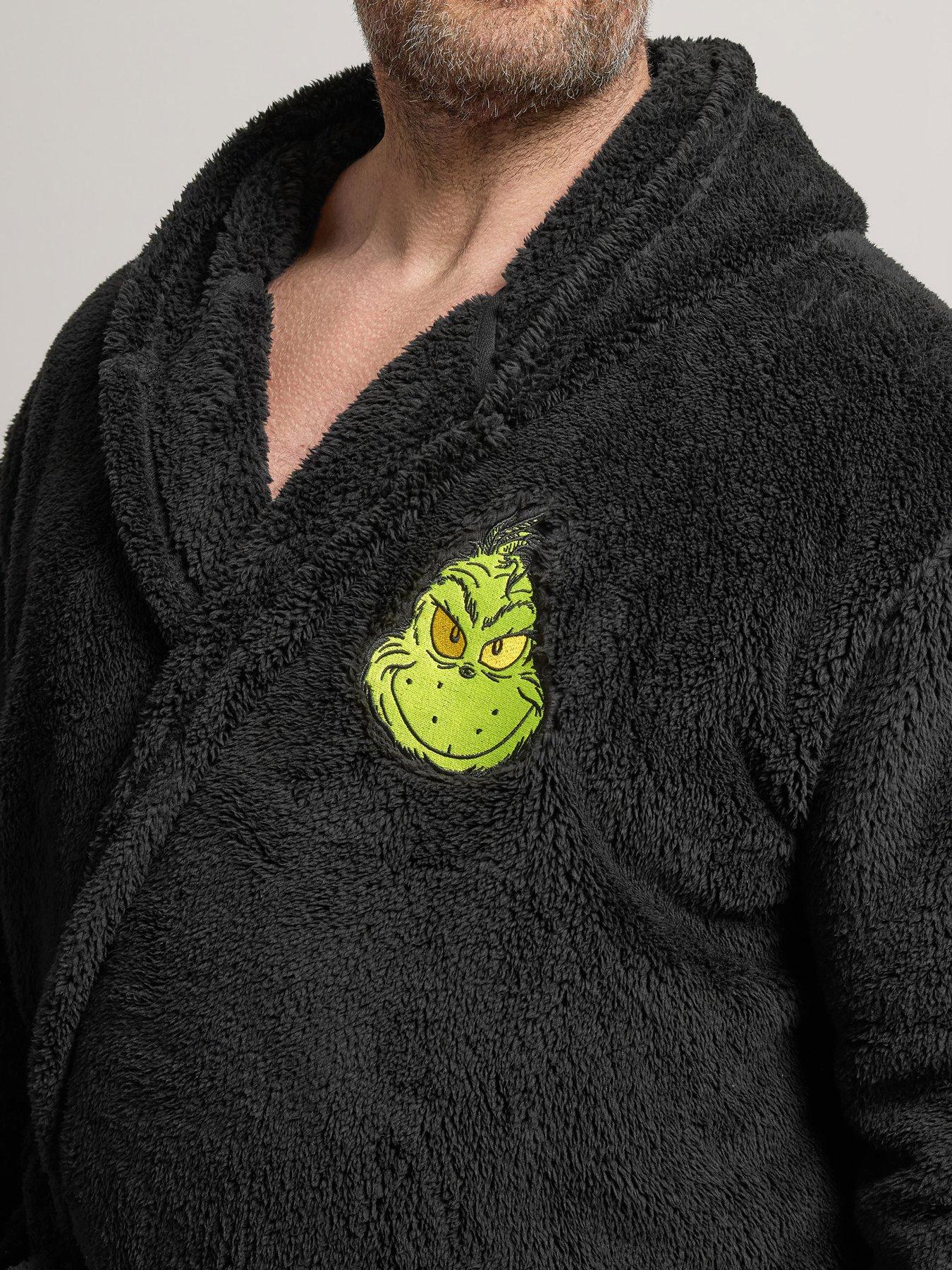 Image 4 of 4 of BadRhino Mens Hooded Fleece Tie Waist Dressing Gown With Christmas Grinch Graphic - Black