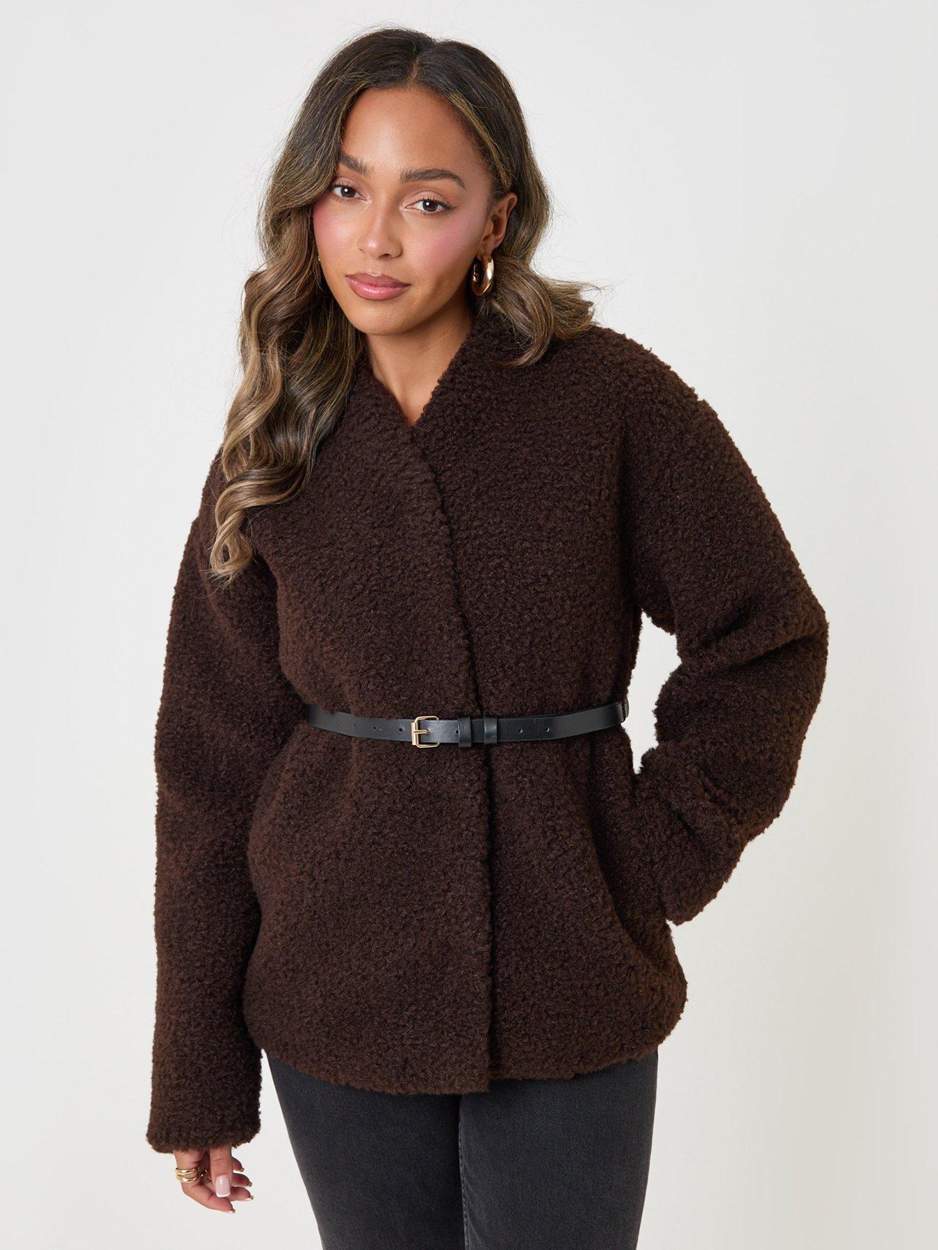 Image 1 of 4 of Threadbare Womens Borg Belted Wrap Jacket - Brown