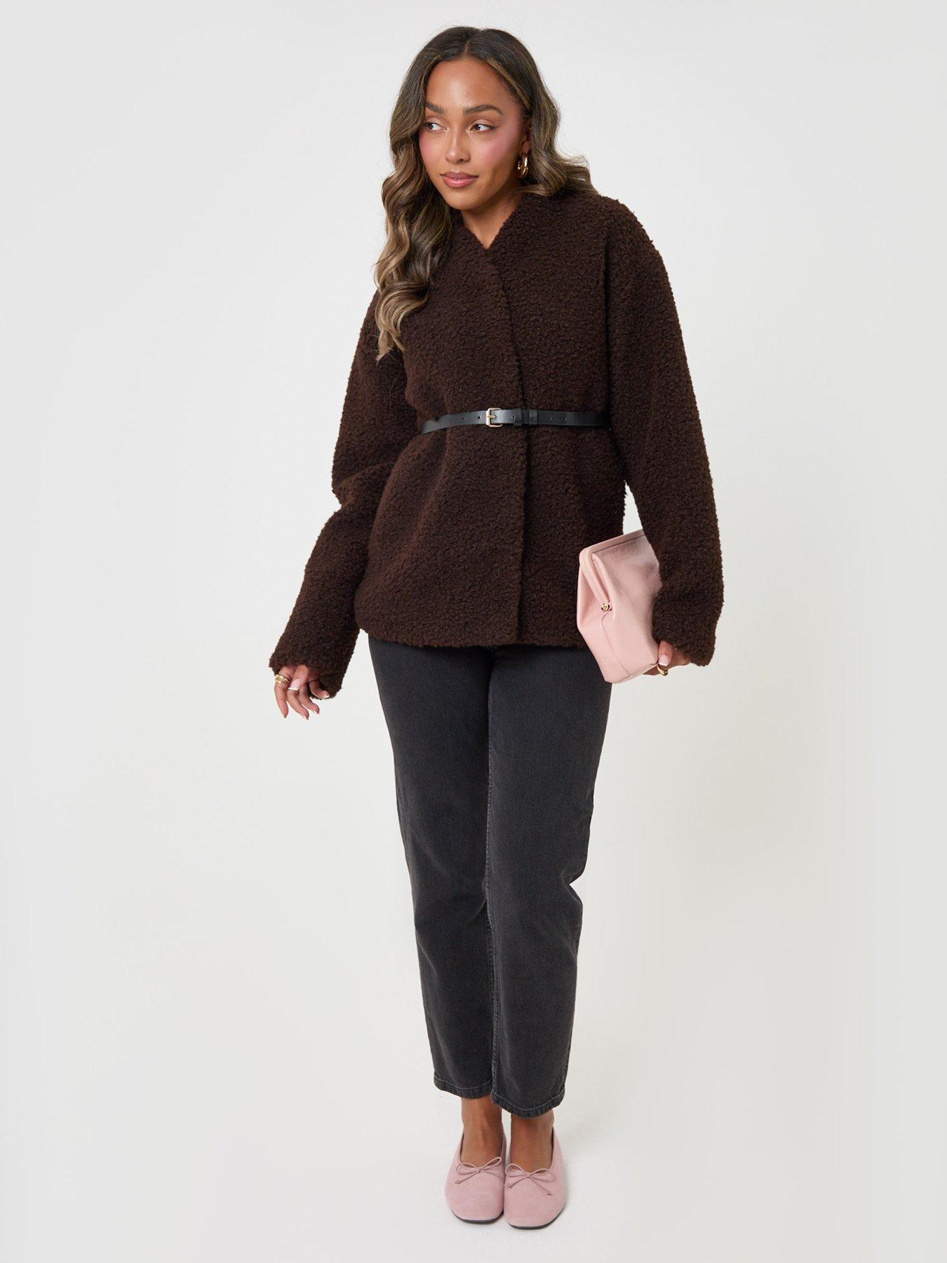 Image 3 of 4 of Threadbare Womens Borg Belted Wrap Jacket - Brown