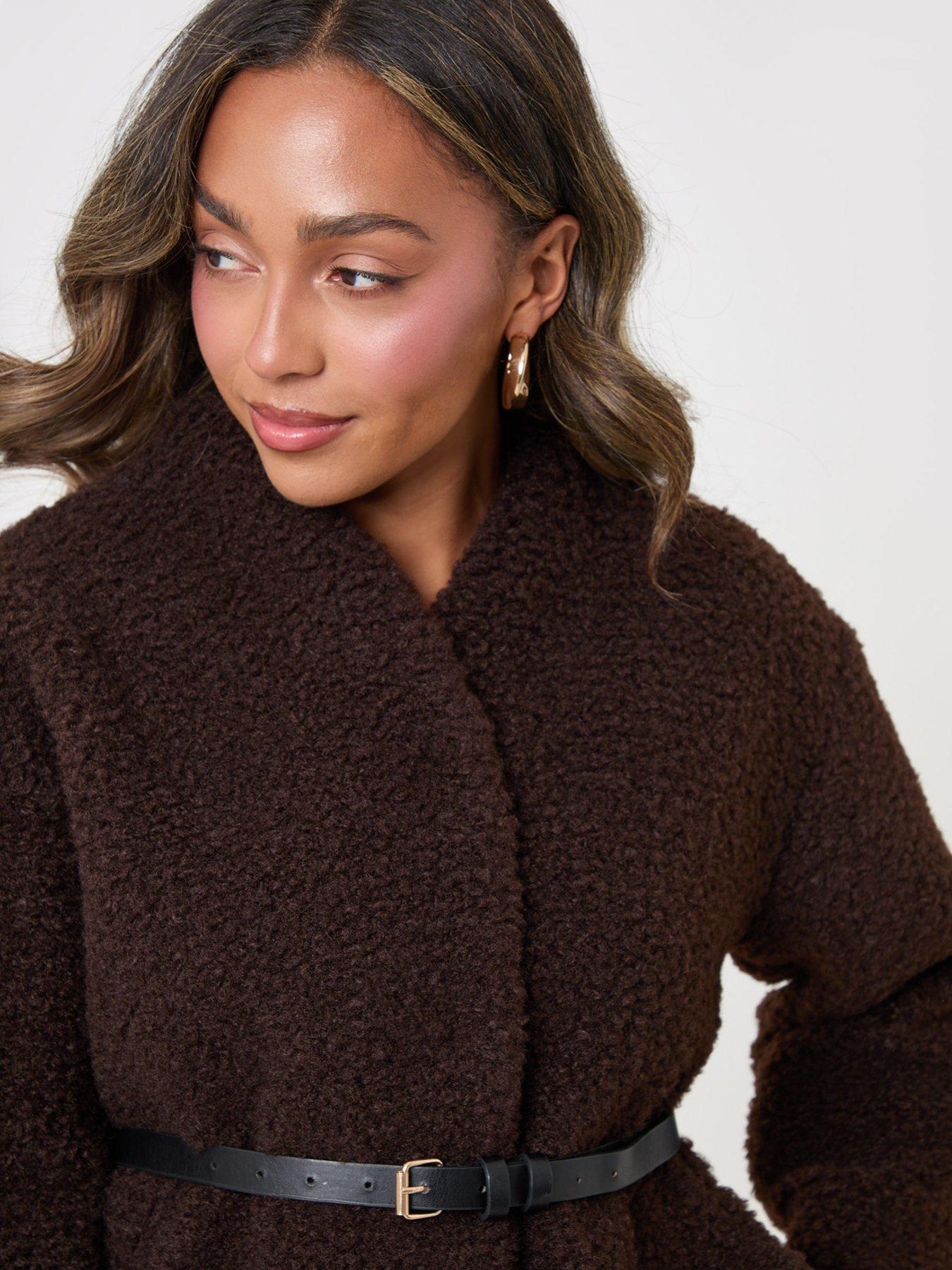 Image 4 of 4 of Threadbare Womens Borg Belted Wrap Jacket - Brown