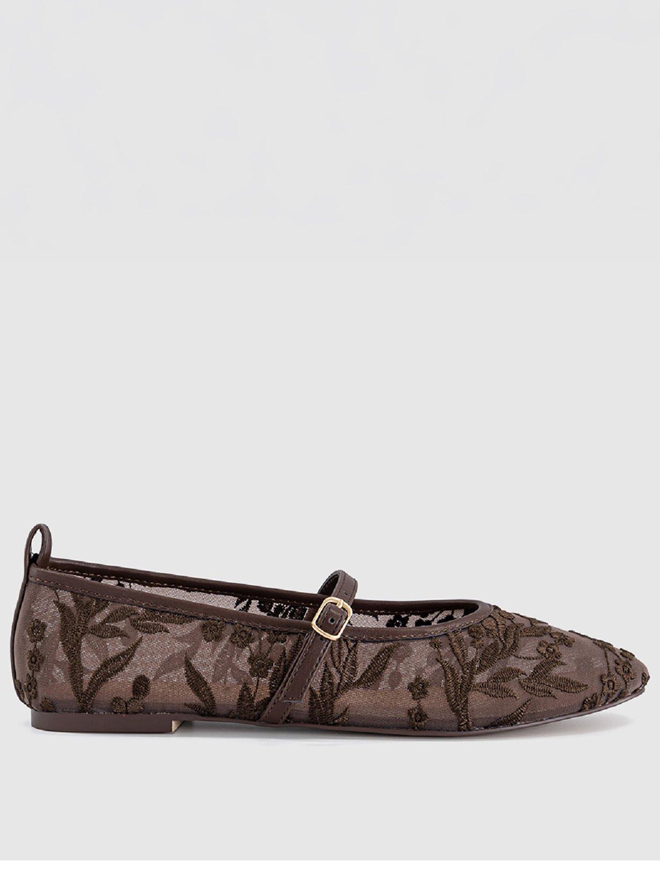 Image 1 of 4 of OFFICE Forest Embroidered Mary Janes Ballet Pumps - Brown