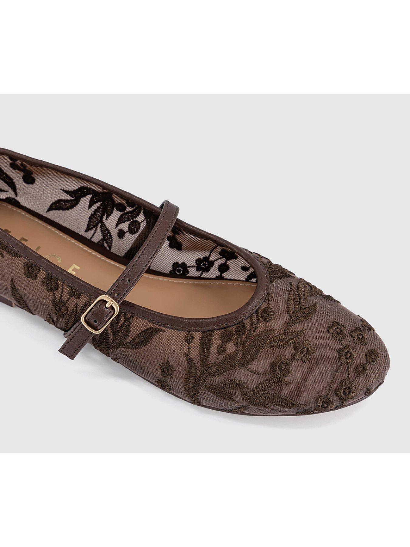 Image 3 of 4 of OFFICE Forest Embroidered Mary Janes Ballet Pumps - Brown