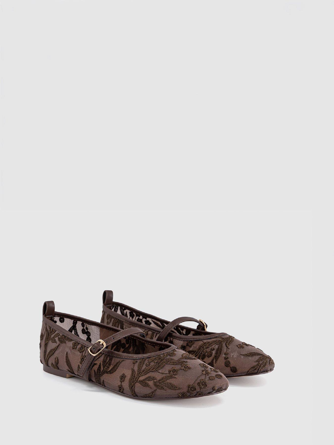 Image 4 of 4 of OFFICE Forest Embroidered Mary Janes Ballet Pumps - Brown