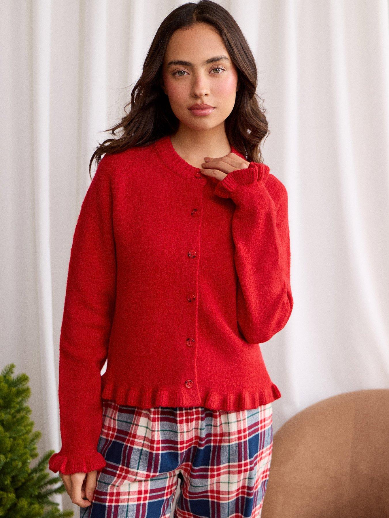 Image 1 of 4 of Threadbare Womens Crew Neck Ruffle Cardigan - Red