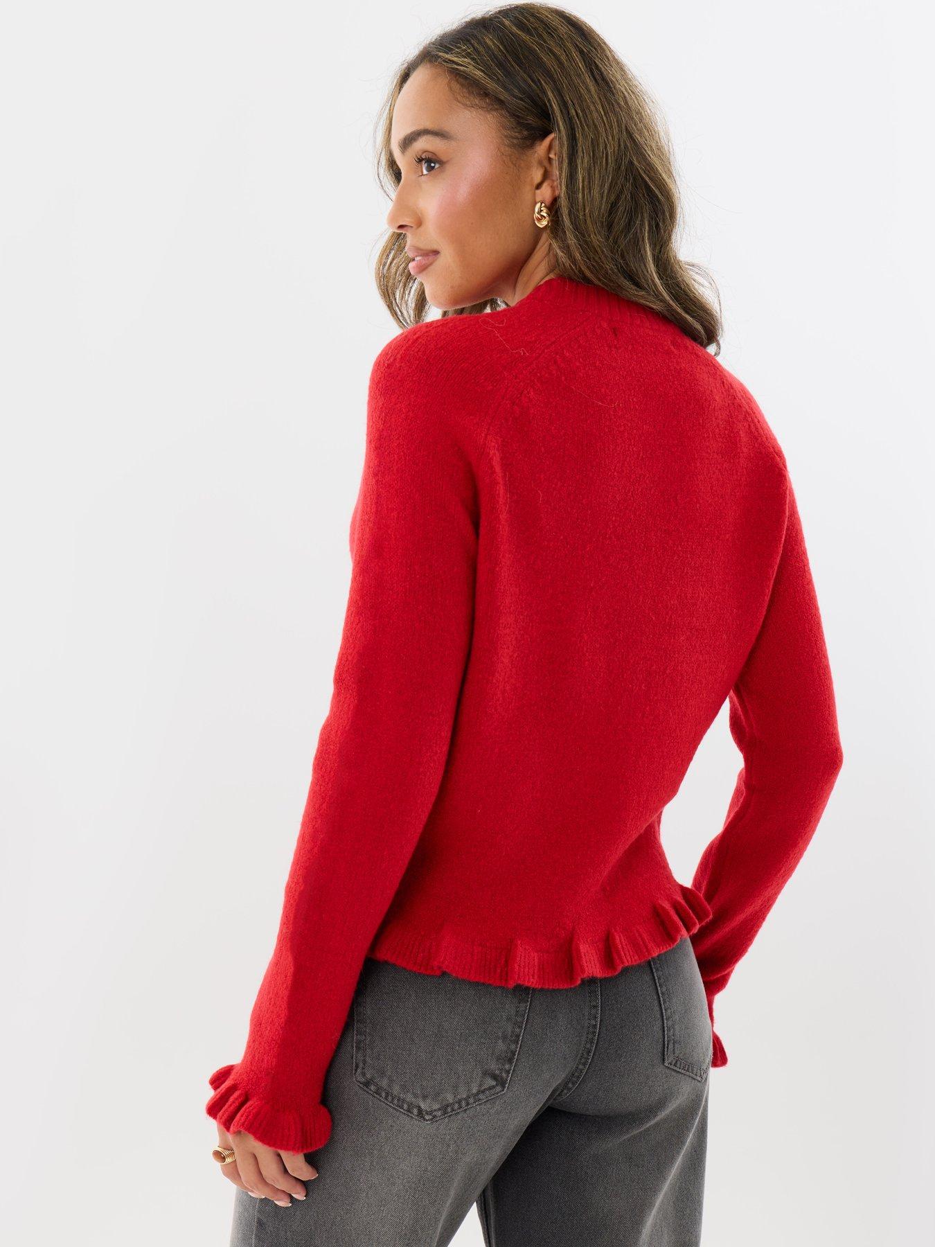 Image 2 of 4 of Threadbare Womens Crew Neck Ruffle Cardigan - Red