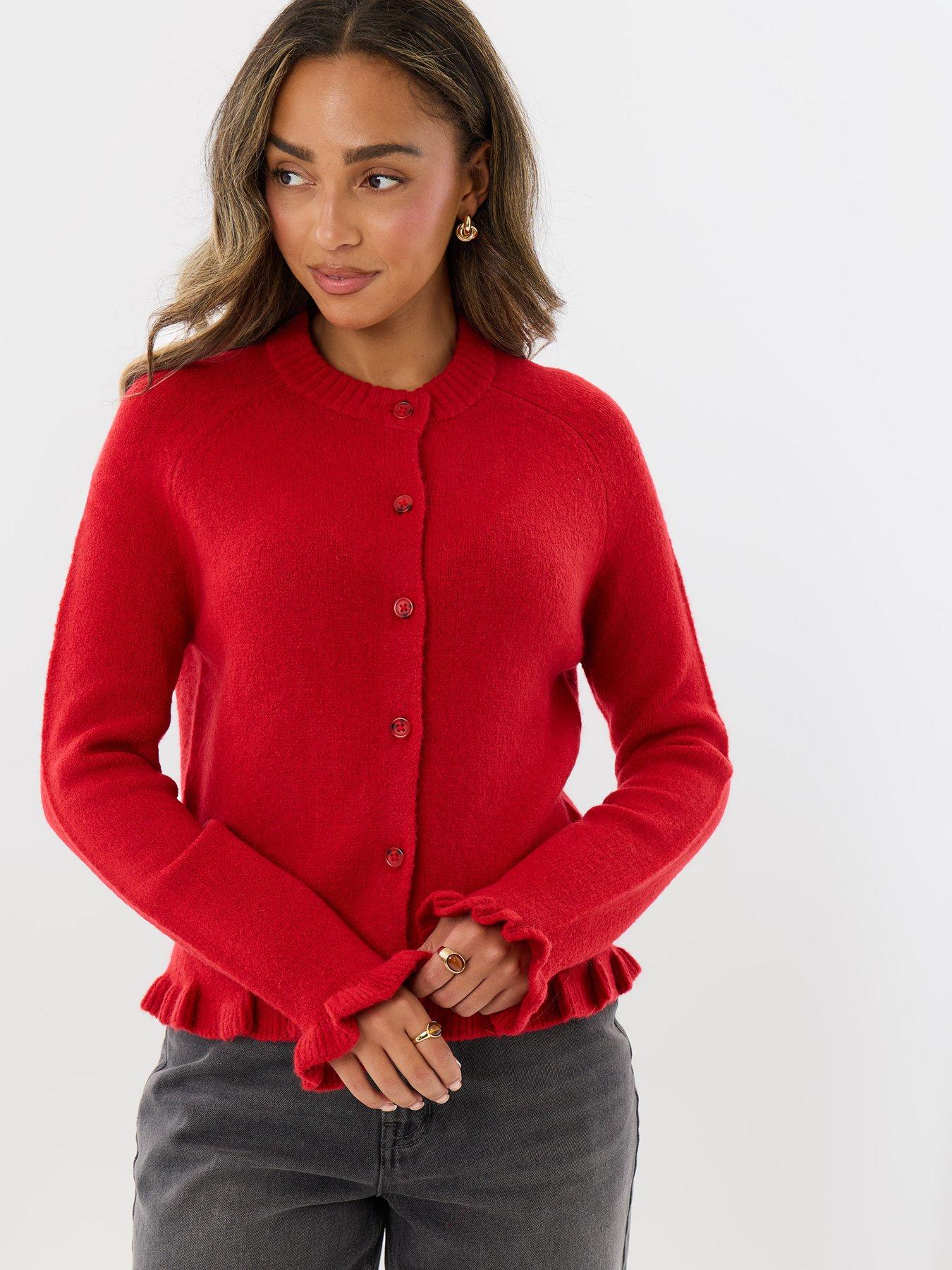 Image 3 of 4 of Threadbare Womens Crew Neck Ruffle Cardigan - Red