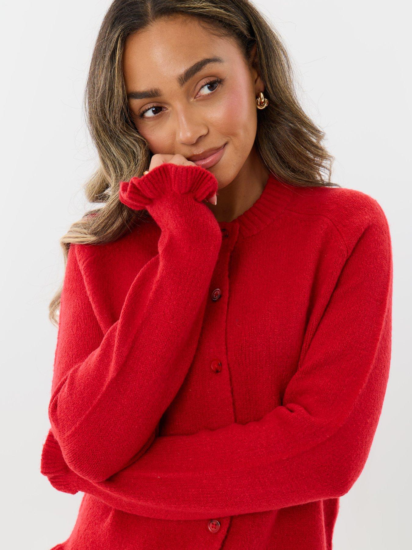 Image 4 of 4 of Threadbare Womens Crew Neck Ruffle Cardigan - Red
