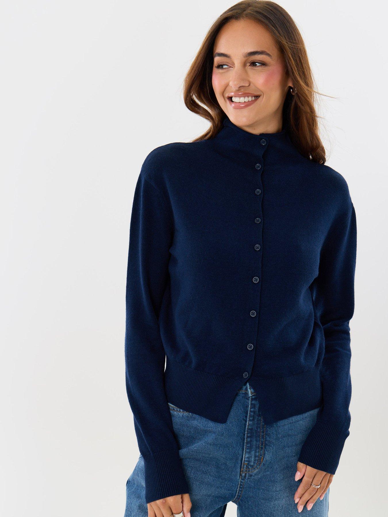 Image 1 of 4 of Threadbare Womens Funnel Neck Button Through Compact Knit Cardigan - Navy