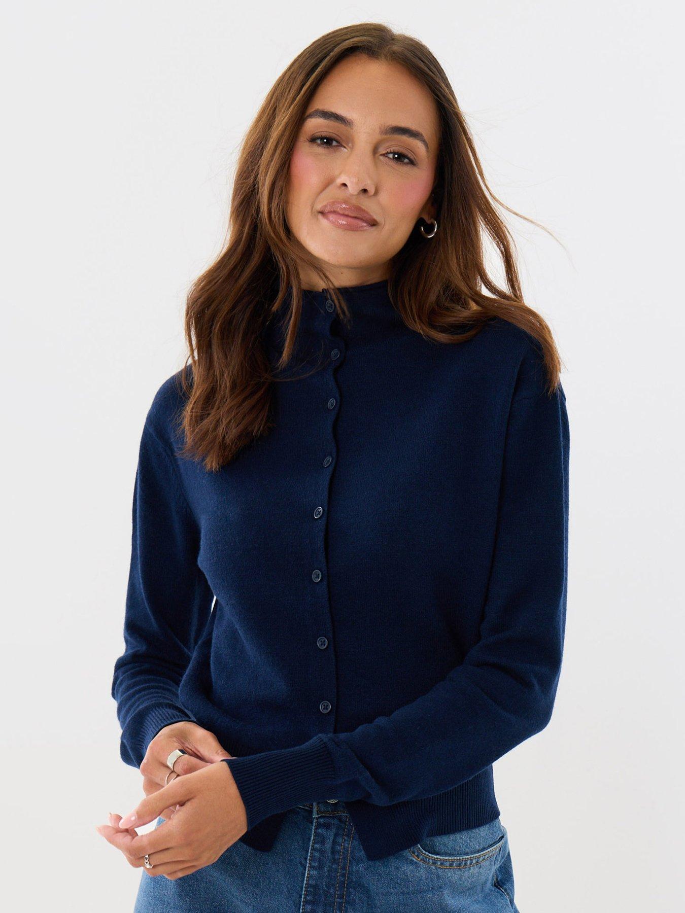 Image 3 of 4 of Threadbare Womens Funnel Neck Button Through Compact Knit Cardigan - Navy