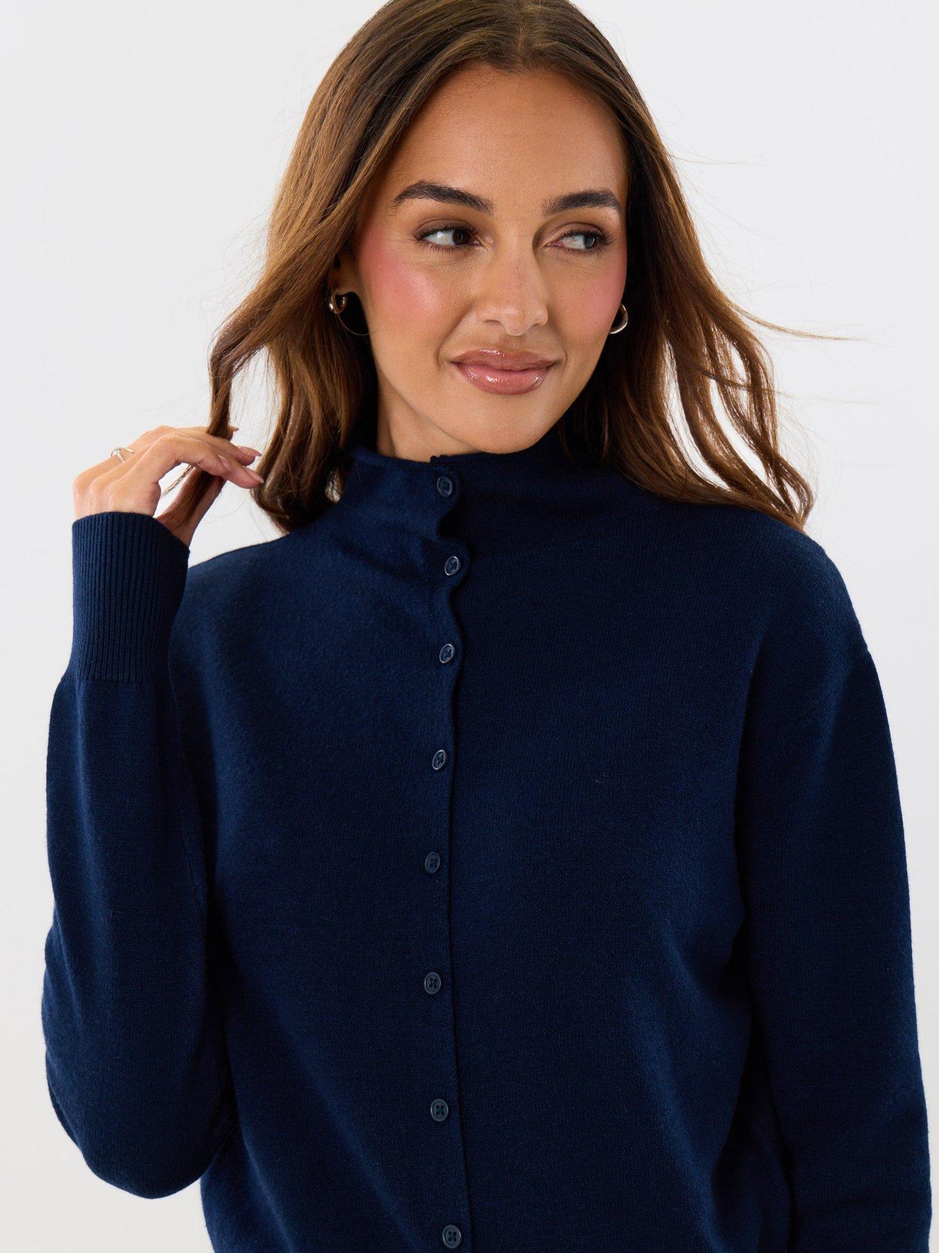 Image 4 of 4 of Threadbare Womens Funnel Neck Button Through Compact Knit Cardigan - Navy