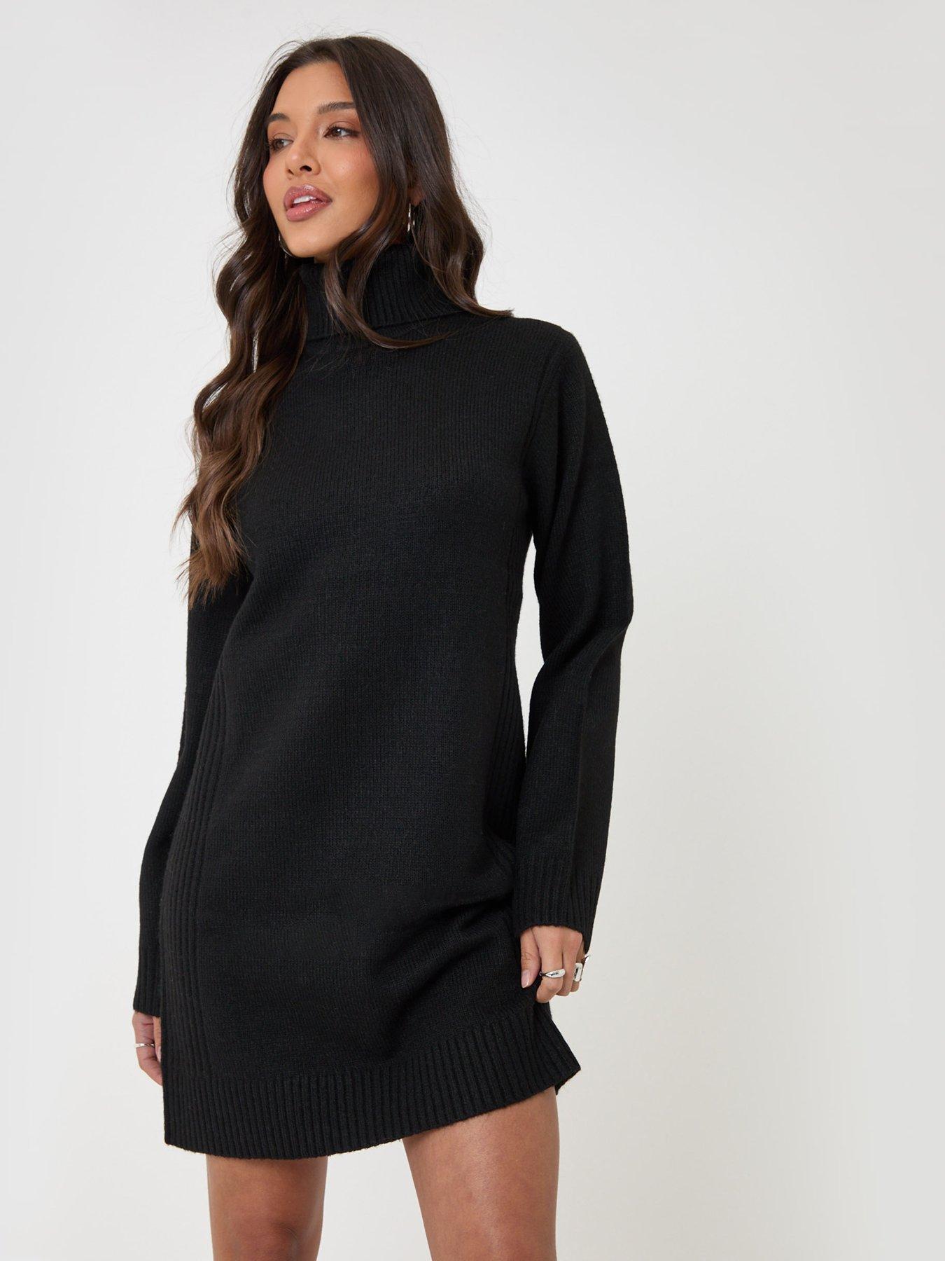 Image 1 of 4 of Threadbare Turtle Neck Mini Jumper Dress In Black