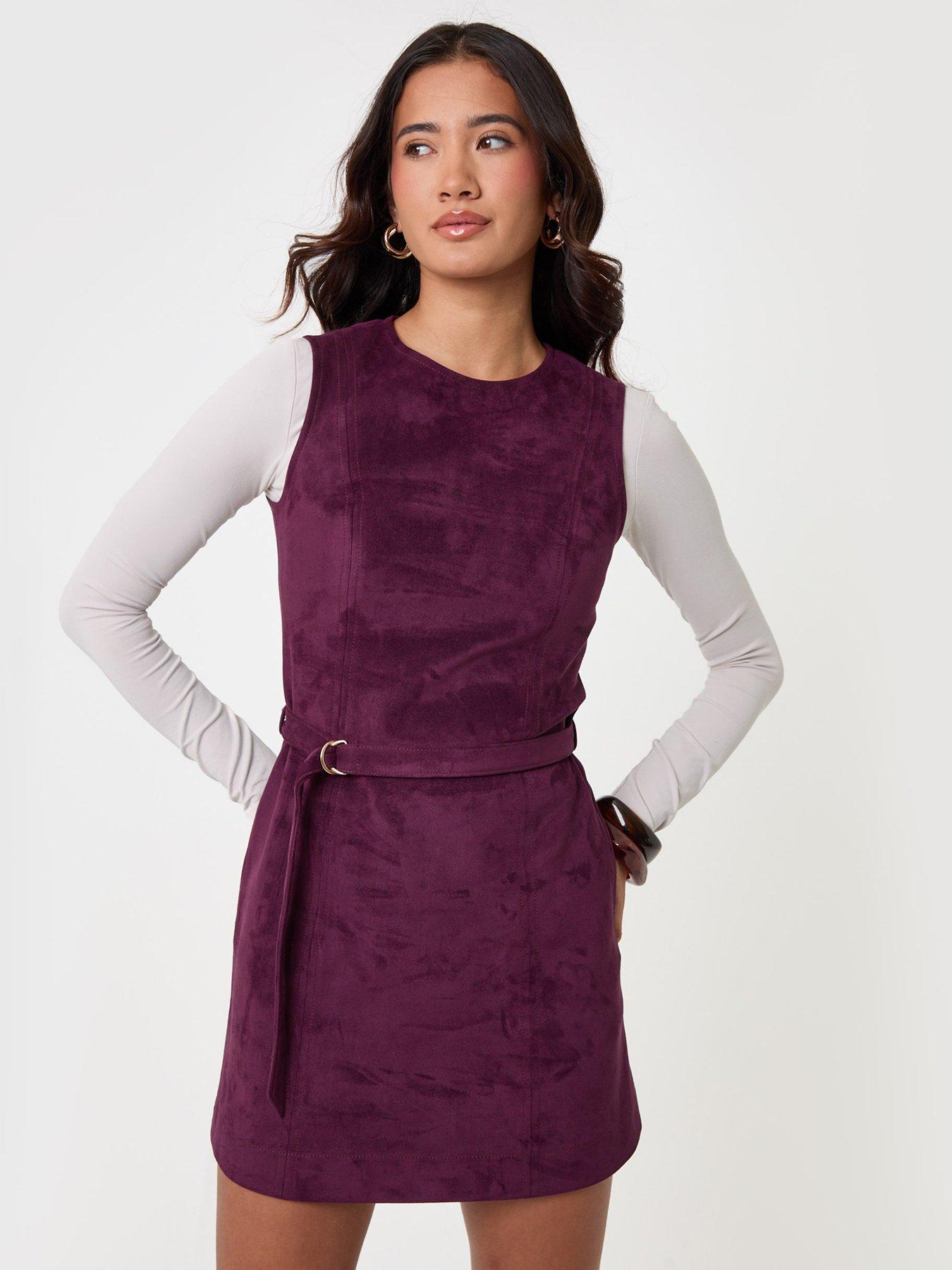 Image 1 of 4 of Threadbare Faux Suede Belted Mini Dress In Plum