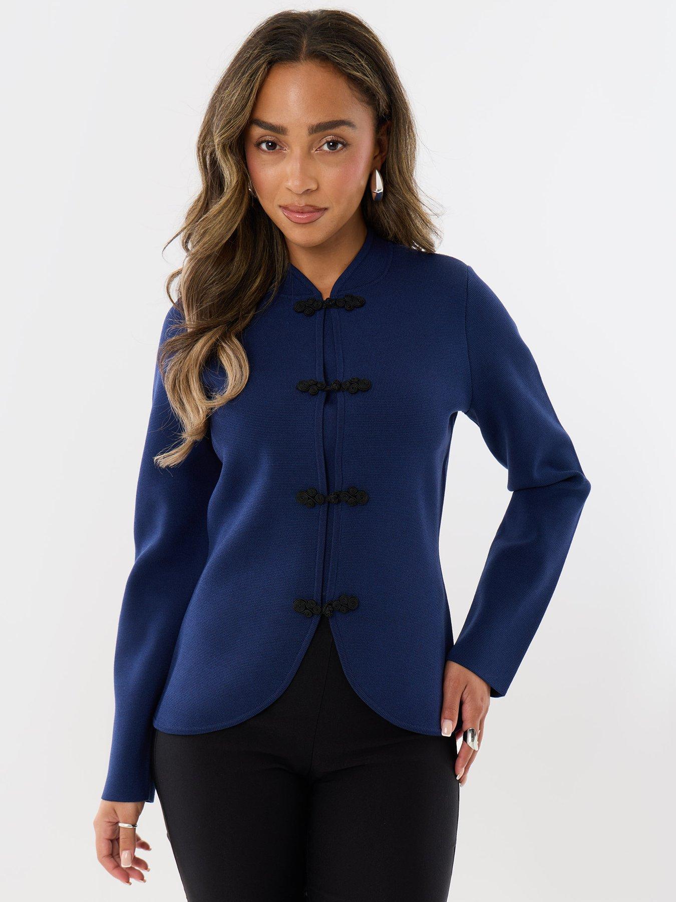 Image 1 of 4 of Threadbare Womens Curved Hem Mandarin Style Cardigan - Navy