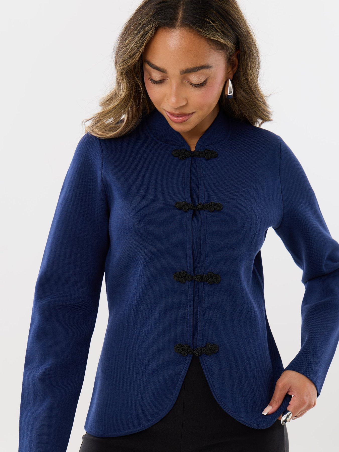 Image 3 of 4 of Threadbare Womens Curved Hem Mandarin Style Cardigan - Navy