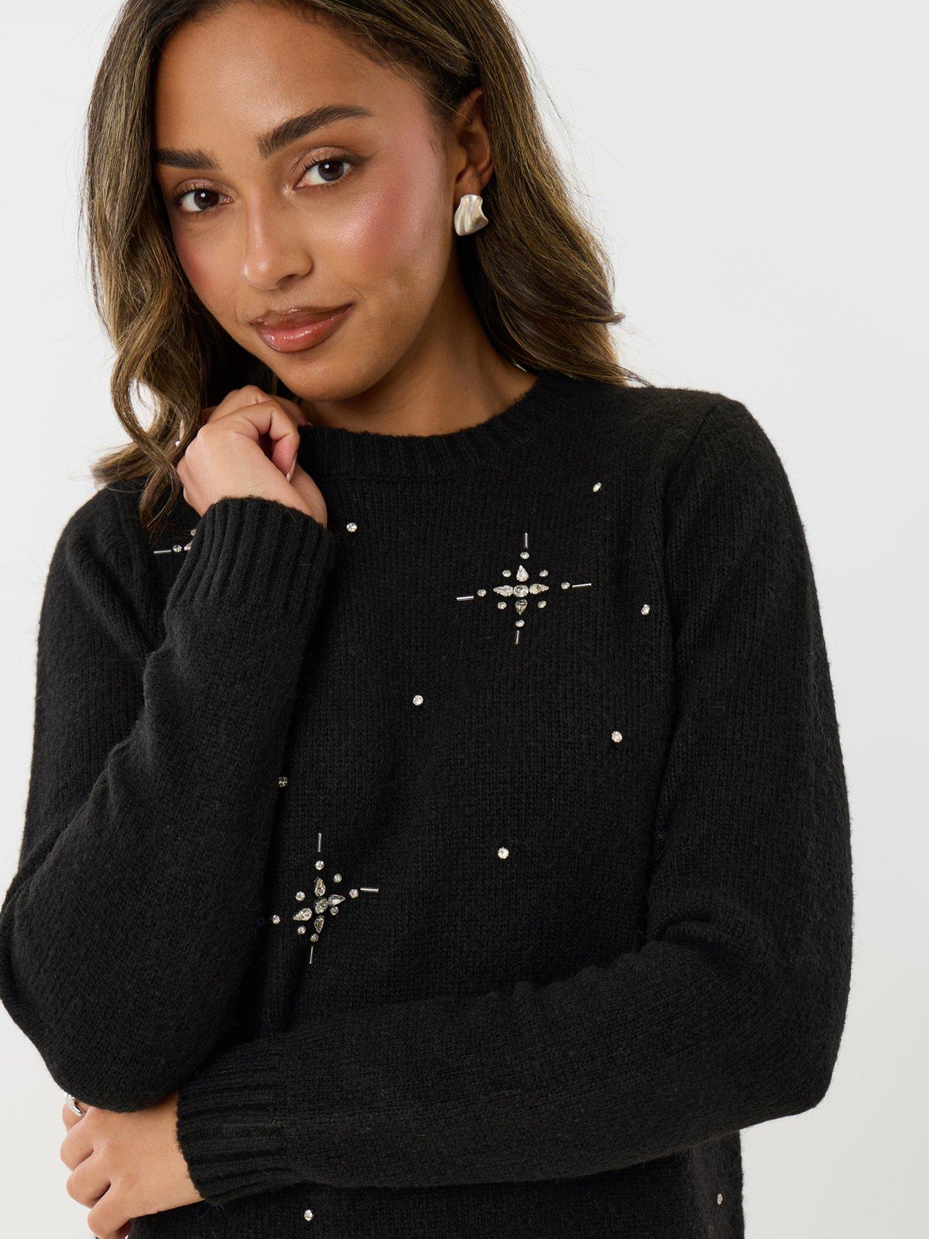 Image 2 of 4 of Threadbare Womens Petite Starland Star Embellished Soft Knit Dress - Black